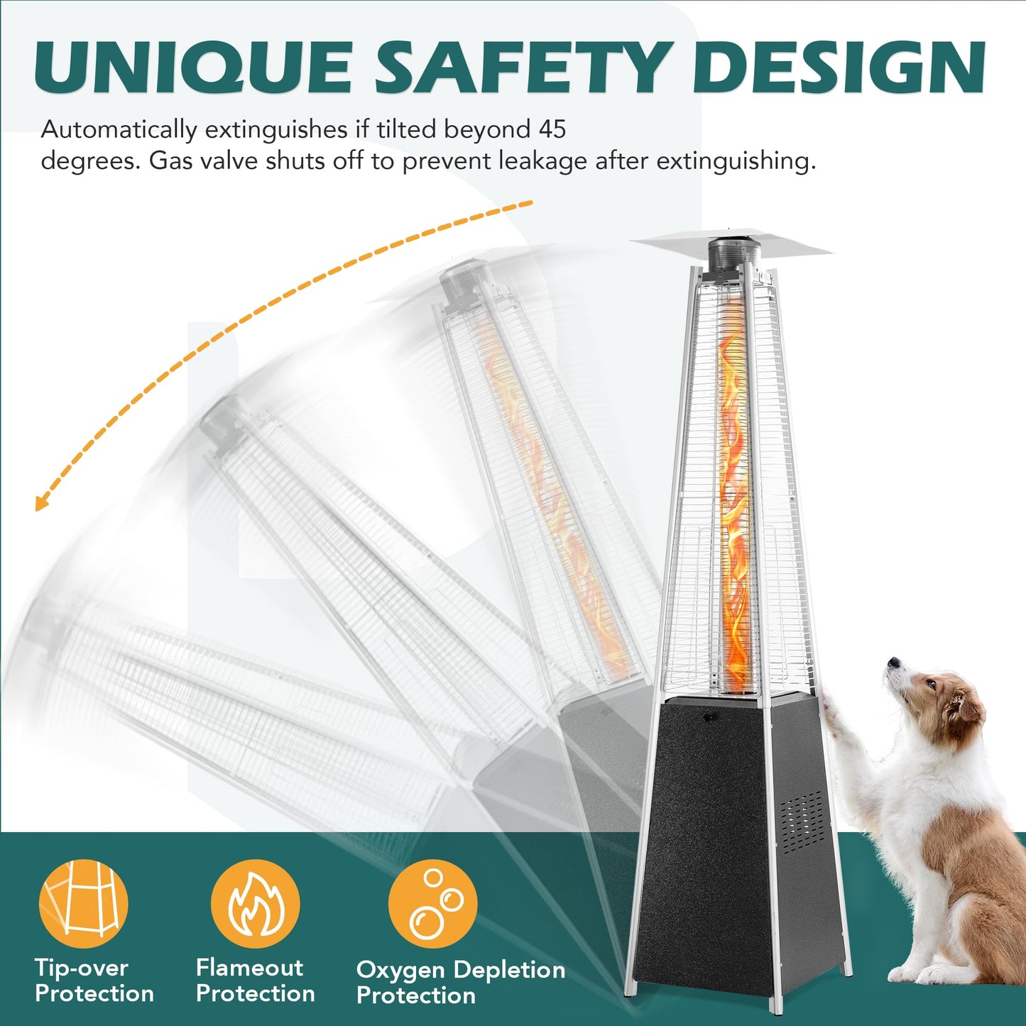 48,000 BTU Flame Pyramid Pool Heater With Cover, Triple Safety Protection Portable Patio Heater with Patio Cover, Warm Glass Tube with Durable Wheels-Black
