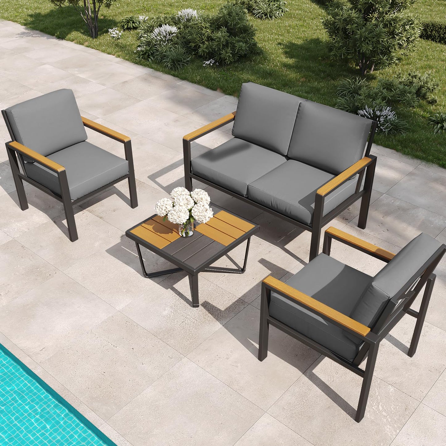 5-Piece Patio Furniture Set with 28” Propane Fire Pit Table, Heavy-Duty Metal Outdoor Conversation Set with Deep Cushions & Wood-Like Armrests for Patio, Porch, Backyard, Garden – Grey