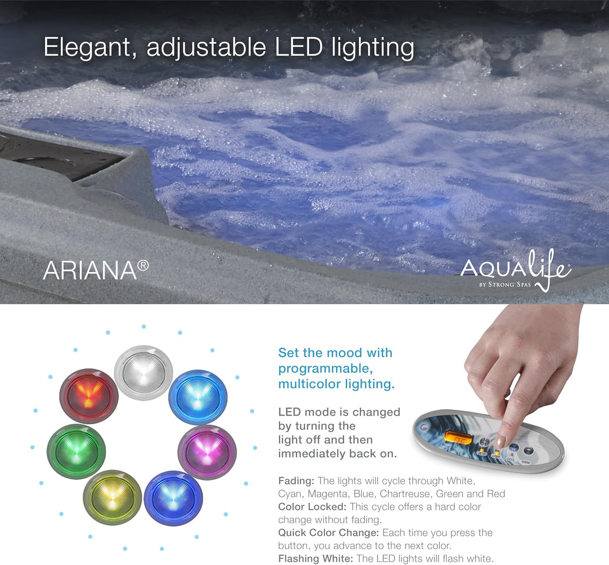 Ariana Outdoor Hot Tub, 6 Person Therapeutic Spa, 30 Jets, Underwater LED Lighting System, Insulated Spa Cover, Aqualife by Strong Spas