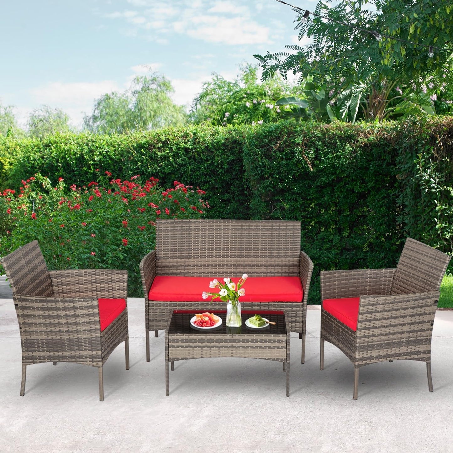 FDW 4-Piece Patio Furniture Set | Black | Outdoor Wicker Furniture | with Coffee Table | Modern Rattan Chairs Conversation Set | Outdoor Seating | Weather-Resistant | for Porch, Garden, Lawn