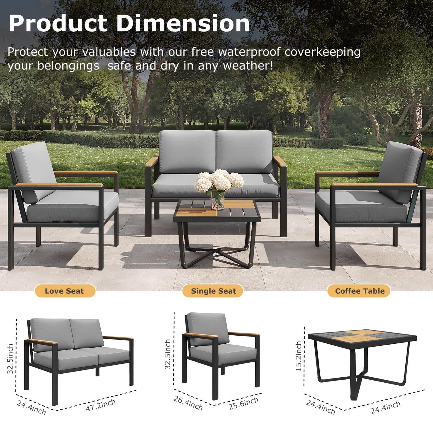 5-Piece Patio Furniture Set with 28” Propane Fire Pit Table, Heavy-Duty Metal Outdoor Conversation Set with Deep Cushions & Wood-Like Armrests for Patio, Porch, Backyard, Garden – Grey