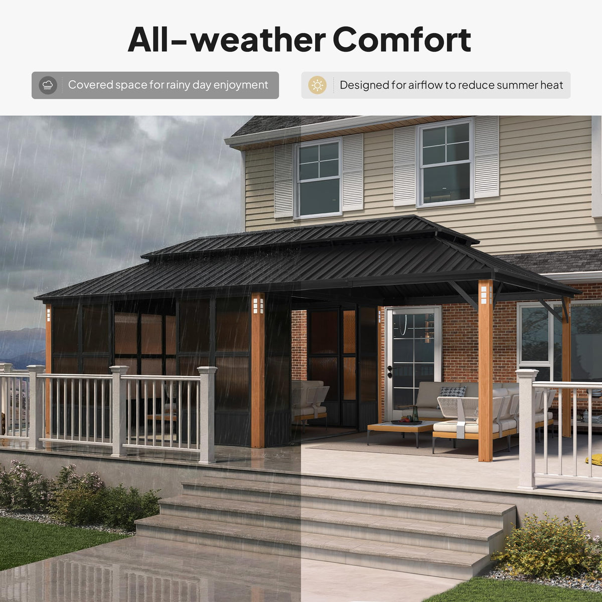 PURPLE LEAF Sunroom 12' x 14' Solarium Double Roof Gazebo, Sliding Doors