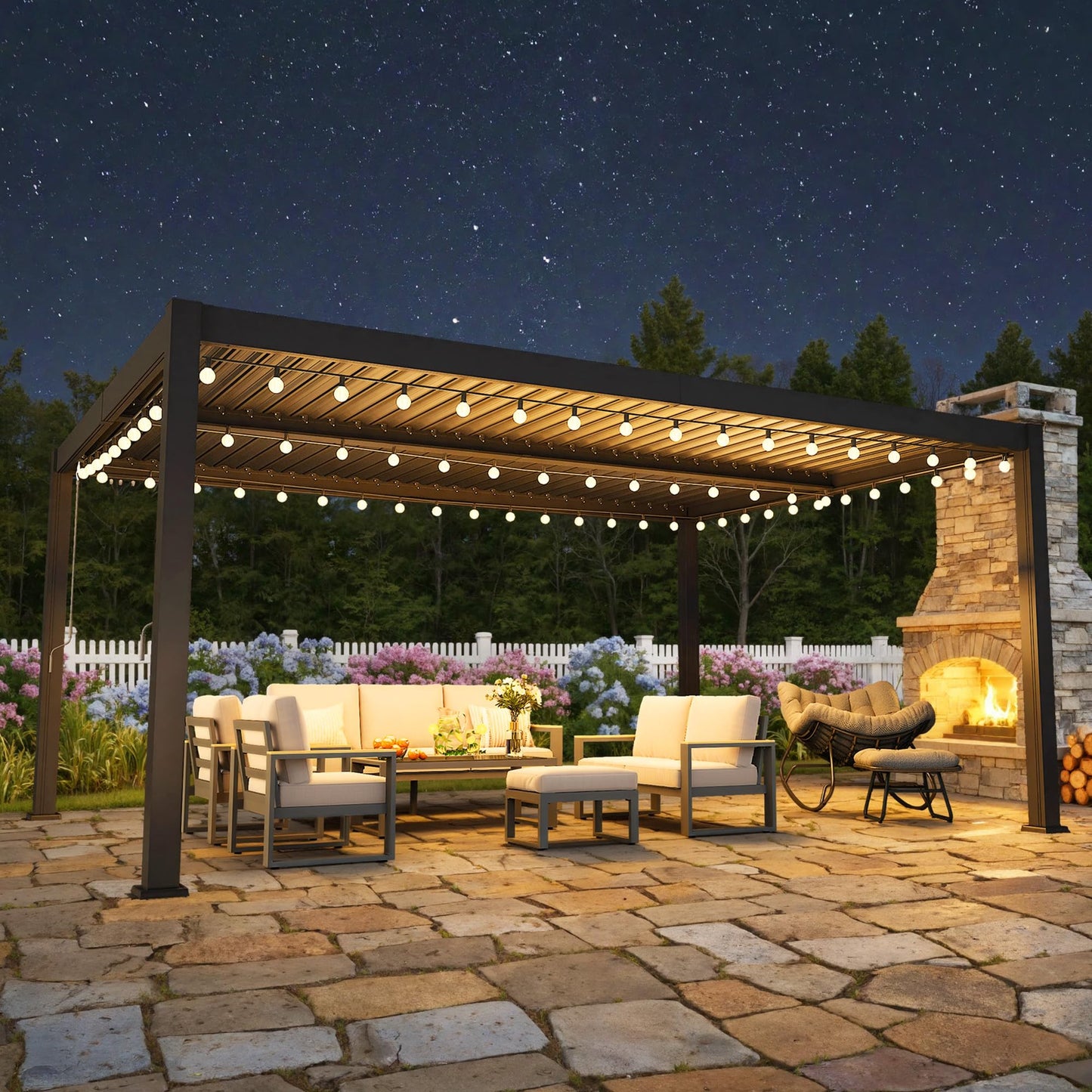 12' x 16' Pergola with Curtain & Adjustable Roof & Aluminum Frame for Patio | Louvered Pergola, Patio Pergola with Netting & Gutter System, Outdoor Pergola, Hardtop Gazebo for Deck, Yard, Dark Gray