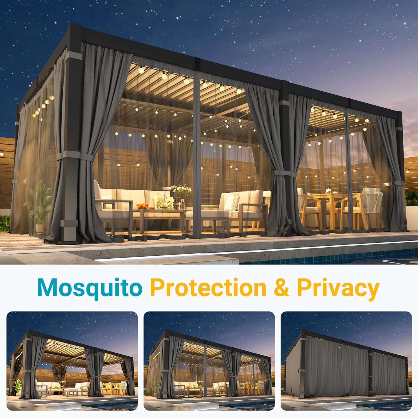 12' x 16' Pergola with Curtain & Adjustable Roof & Aluminum Frame for Patio | Louvered Pergola, Patio Pergola with Netting & Gutter System, Outdoor Pergola, Hardtop Gazebo for Deck, Yard, Dark Gray