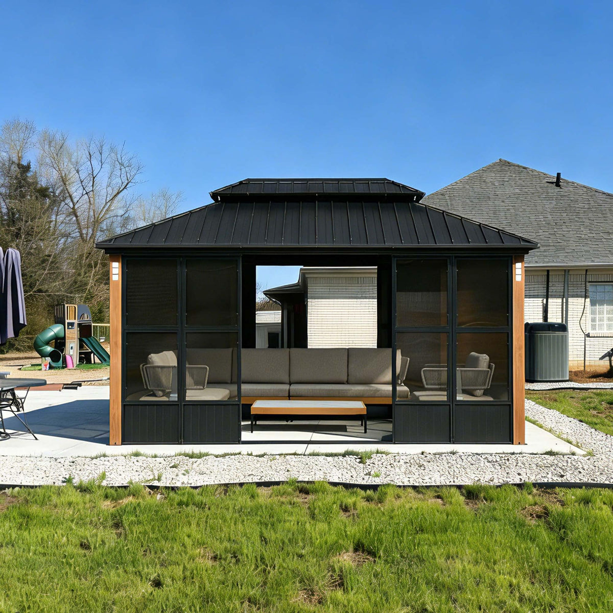 PURPLE LEAF Sunroom 12' x 14' Solarium Double Roof Gazebo, Sliding Doors
