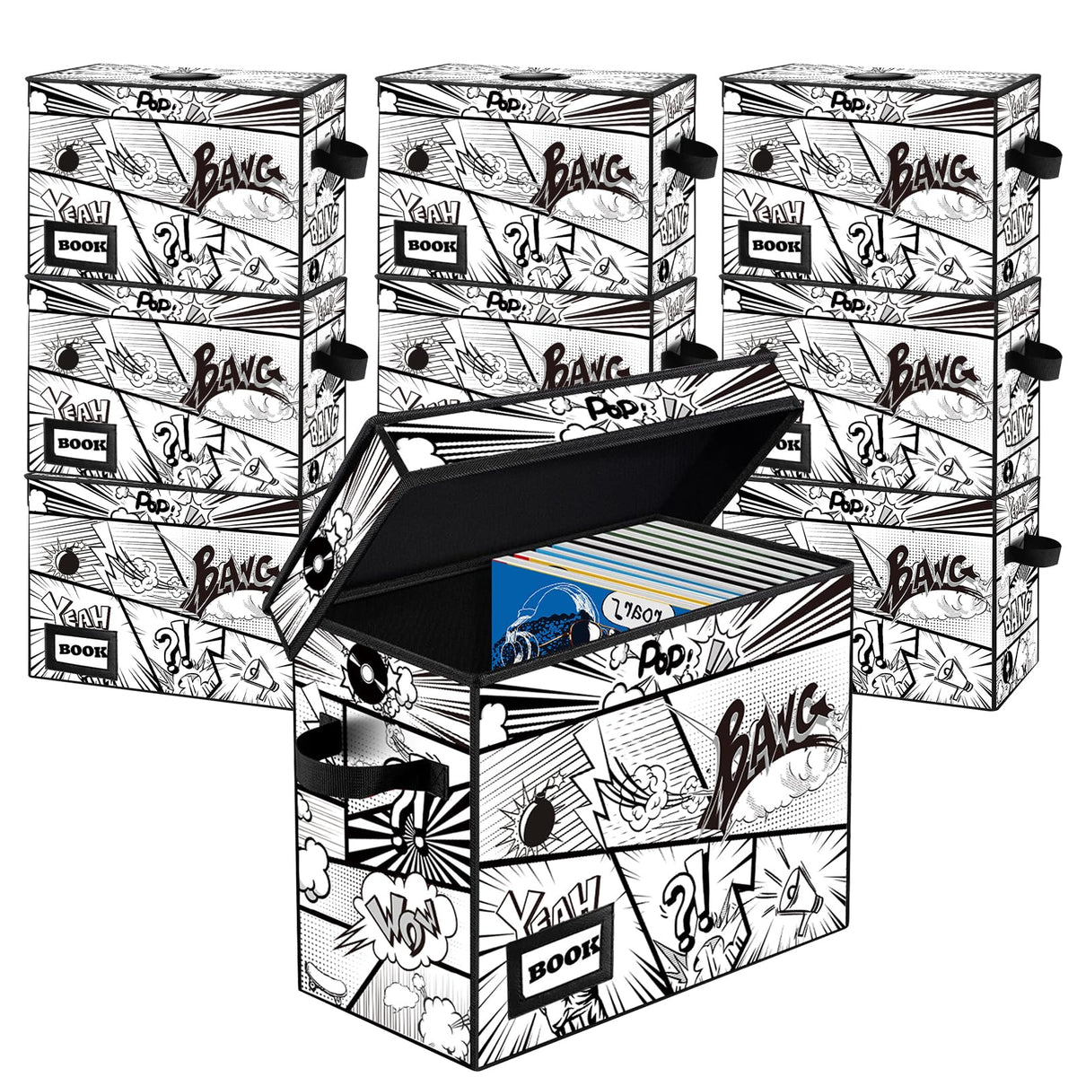 Comic Book Storage Box, 15.8" X 7.8" X 11.8", Heavy Duty Collapsible Holds 160-180 Comic Book Bin Container Holder Shelf (Cartoon Bombs)