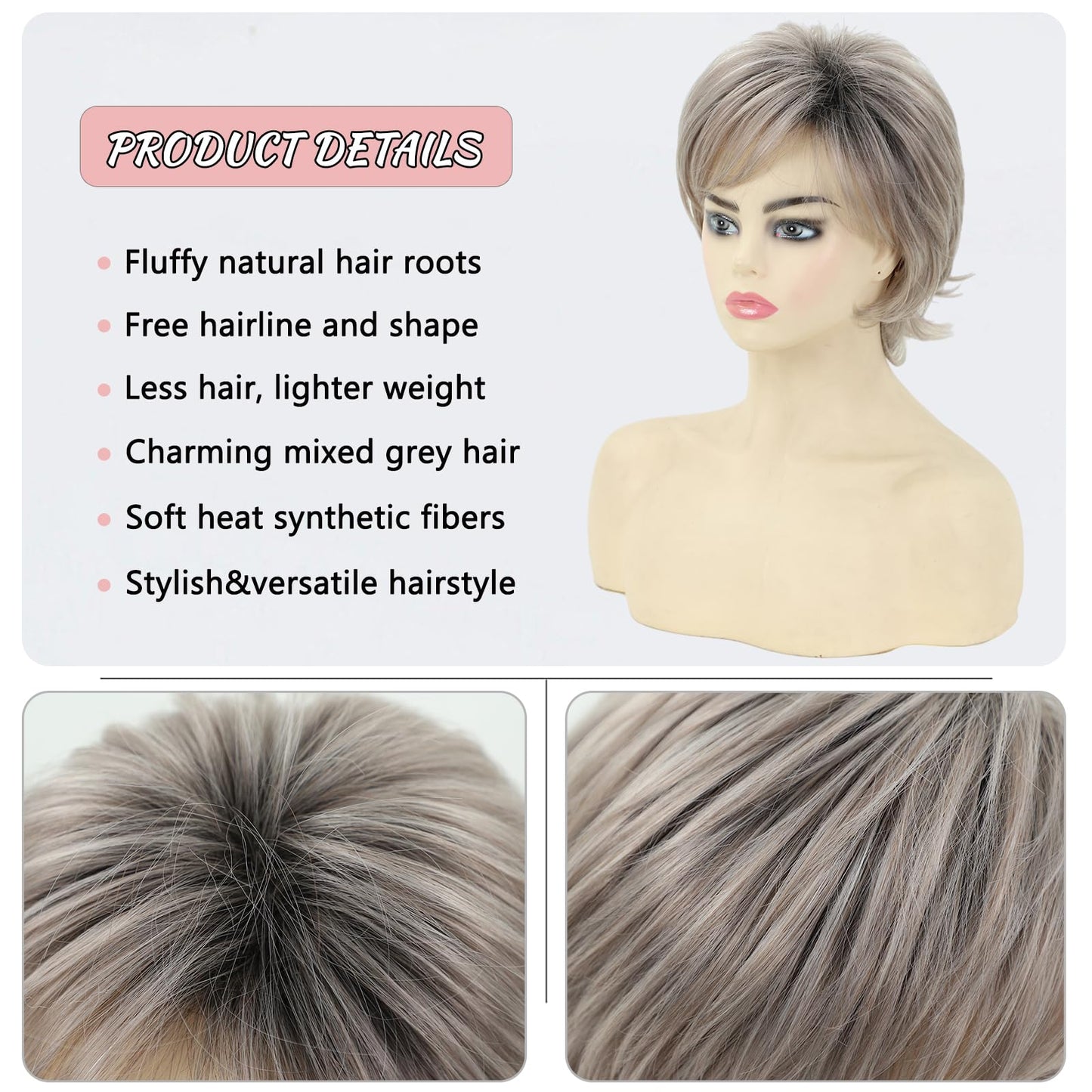 TISHINING Short Grey Curly Wigs for White Women Layered Silver Gray Pixie Cut Synthetic Full Wig with Bangs Natural Looking Daily Party Wigs for Older Women