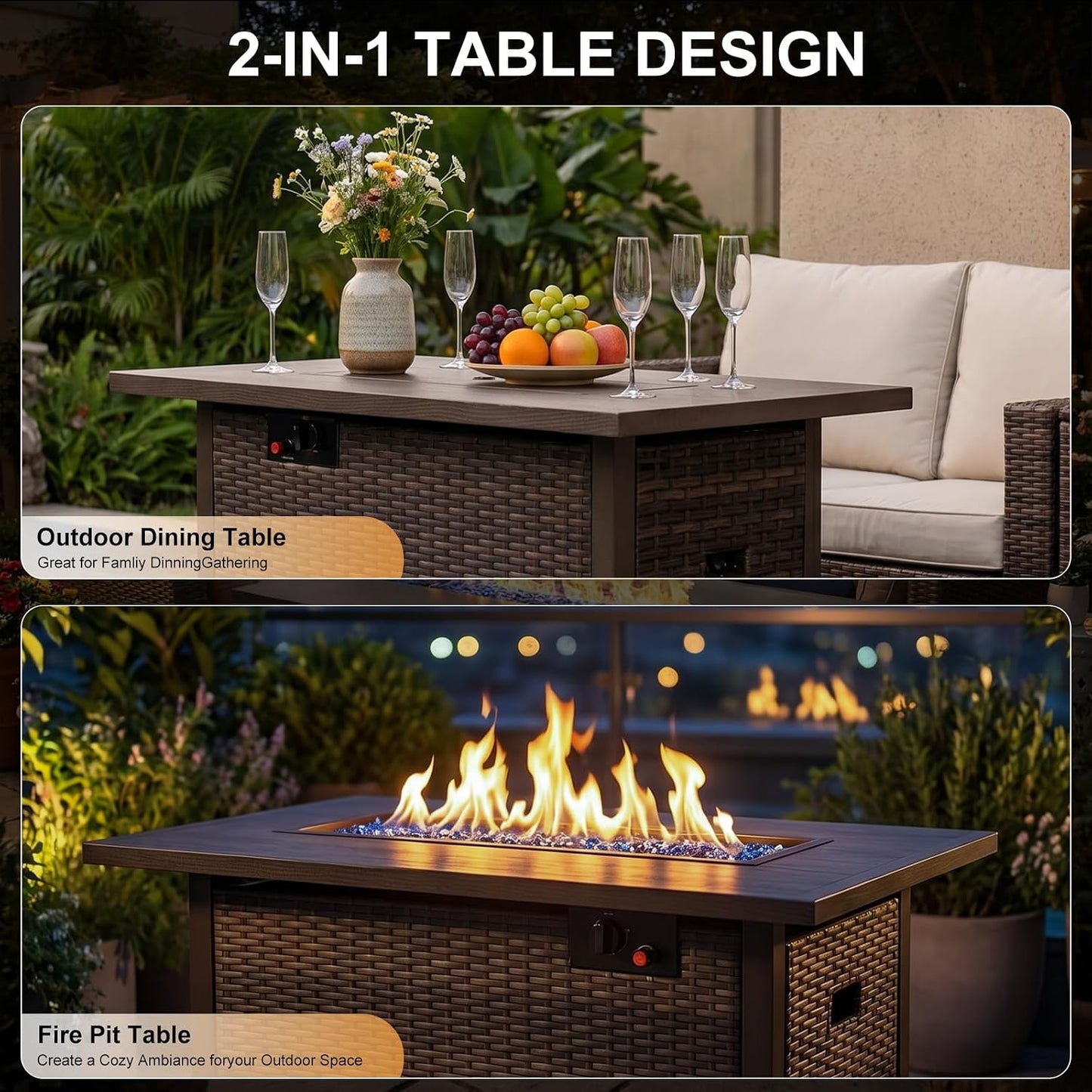 Fire Pit Table, 50,000 BTU Propane Fire Pit Tables for Outside Patio, Brown | 42 Inch Rectangular Fire Pit Table, 2-IN-1 Fire Table with Removable Lid and Blue Glass Stones, CSA Certification