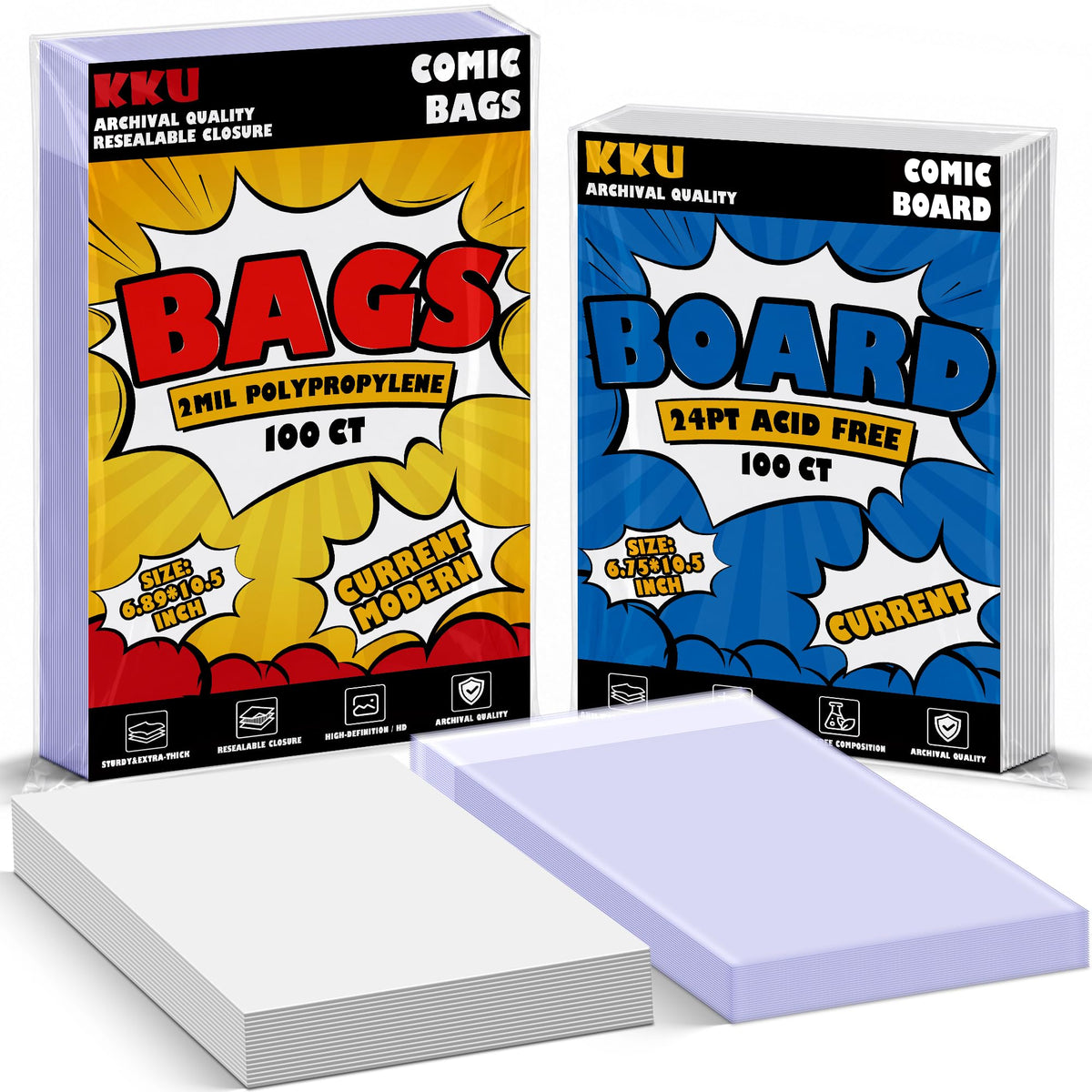 KKU 200 Pack Current Comic Book Bags and Boards, Clear Resealable Sleeves