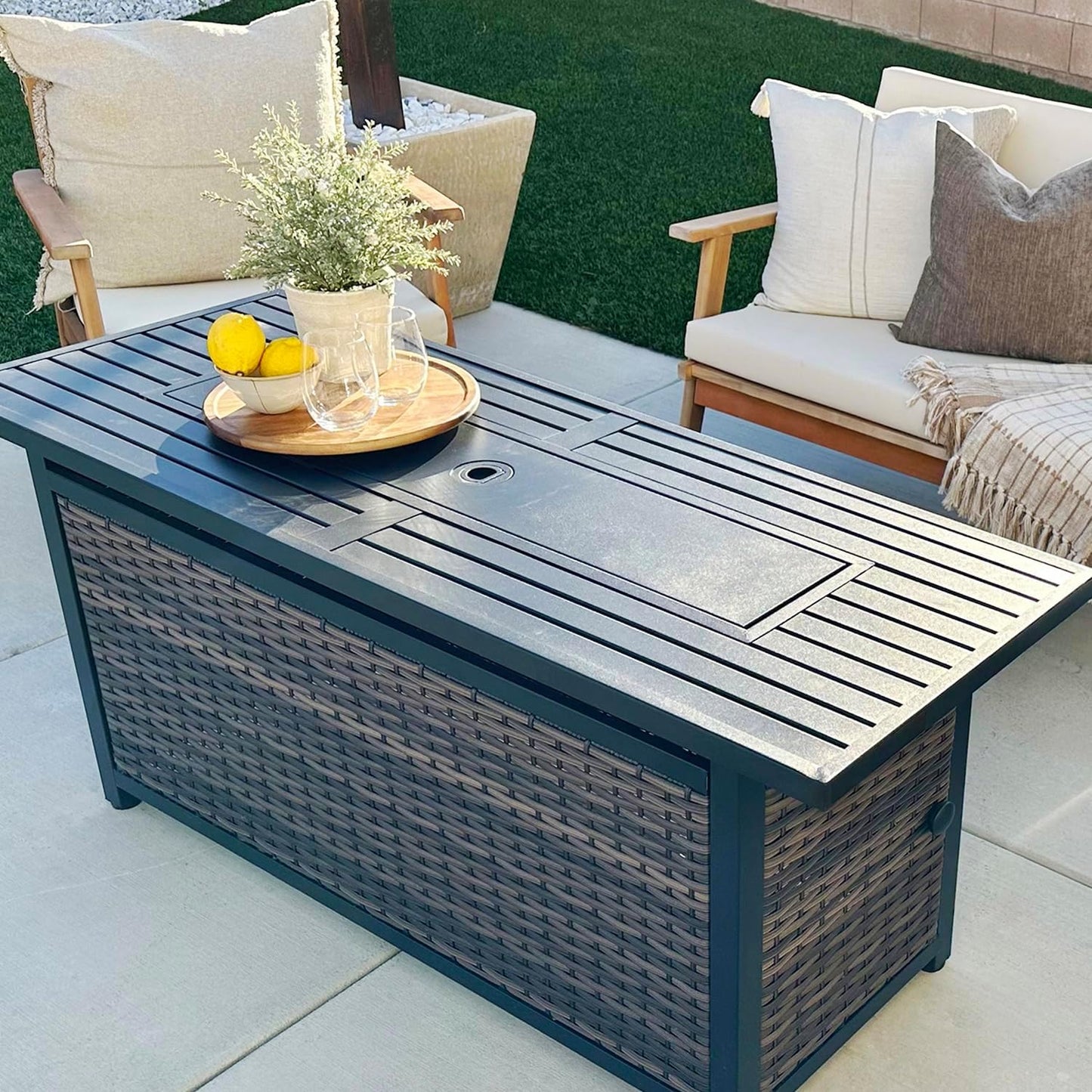 Sophia & William 56 Inch Gas Fire Pit Table,Rectangular Propane Fireplace | Outdoor Rattan Propane Fire Table with Fire Glass, Lid, 50,000 BTU Firepits for Outside Patio