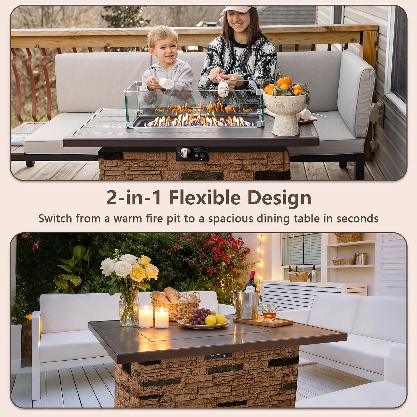 43 Inch Outdoor Firepit Table 50,000 BTU Propane Gas Fire Pit | Rectangle Stone Fire Table with Glass Wind Guard, Rain Cover, Fire Stones and Removable Lid, CSA Certified (Brown)