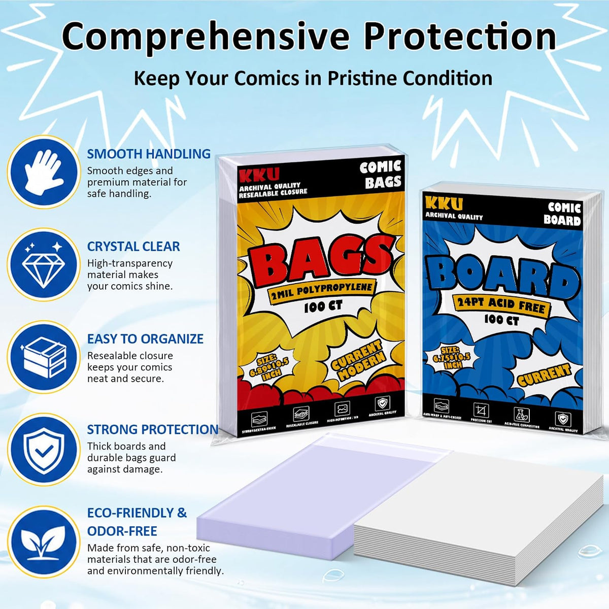 KKU 200 Pack Current Comic Book Bags and Boards, Clear Resealable Sleeves