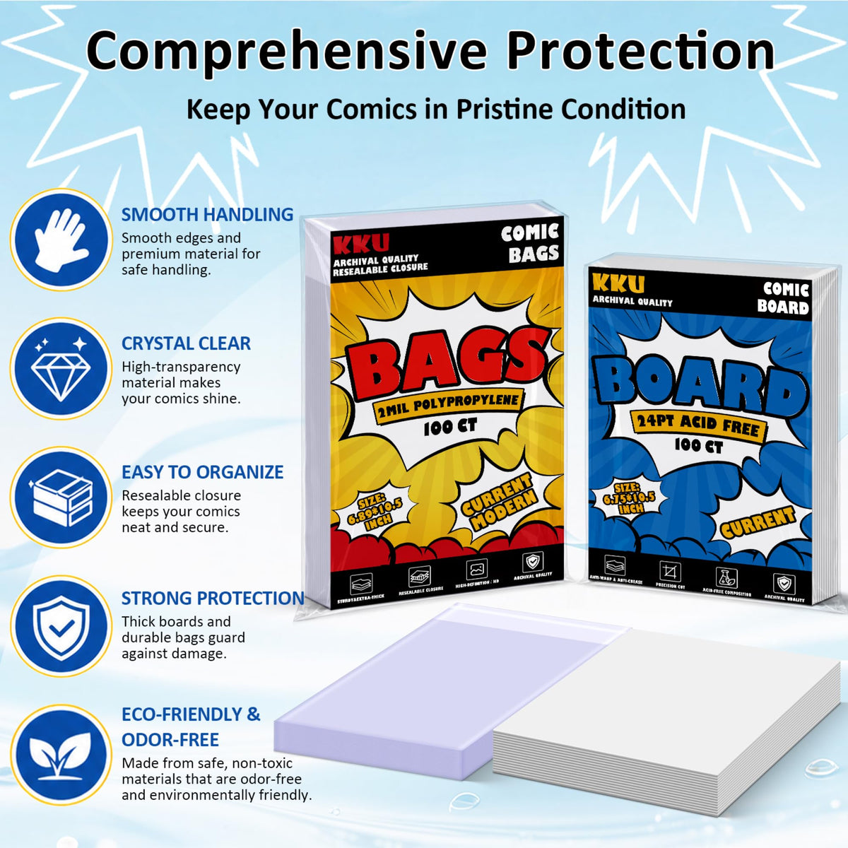 KKU 200 Pack Current Comic Book Bags and Boards, Clear Resealable Sleeves