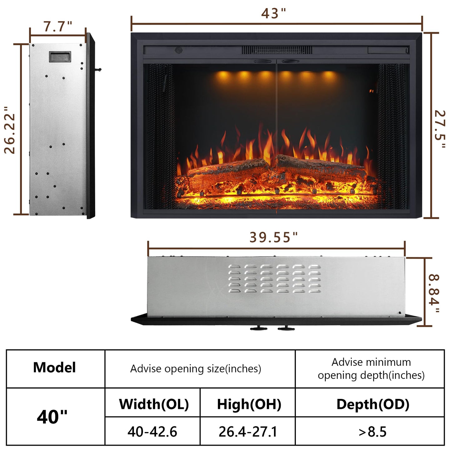 Valuxhome 40” W Electric Fireplace Insert with Log Speaker for Crackling Sound, 750W(Low)/1500W(high) for Heating, Independent Function for Heating and Changing Colors, Overheating Protection