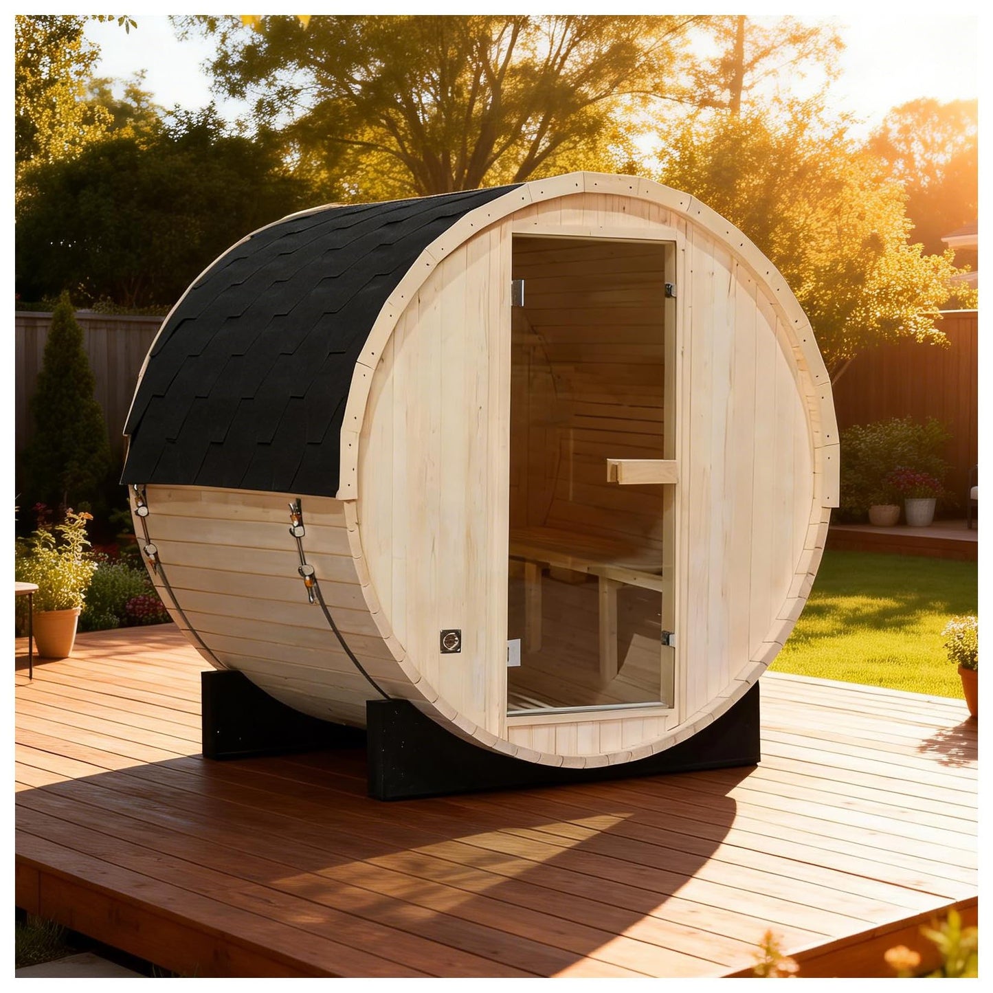 Outdoor Barrel Steam Sauna, 6-8 Person Canadian Hemlock Traditional Wooden Steam Saunas with 220V/6KW Toule Electric Stove, Tempered Glass Sauna Kits for Backyard & Garden (0-195℉)