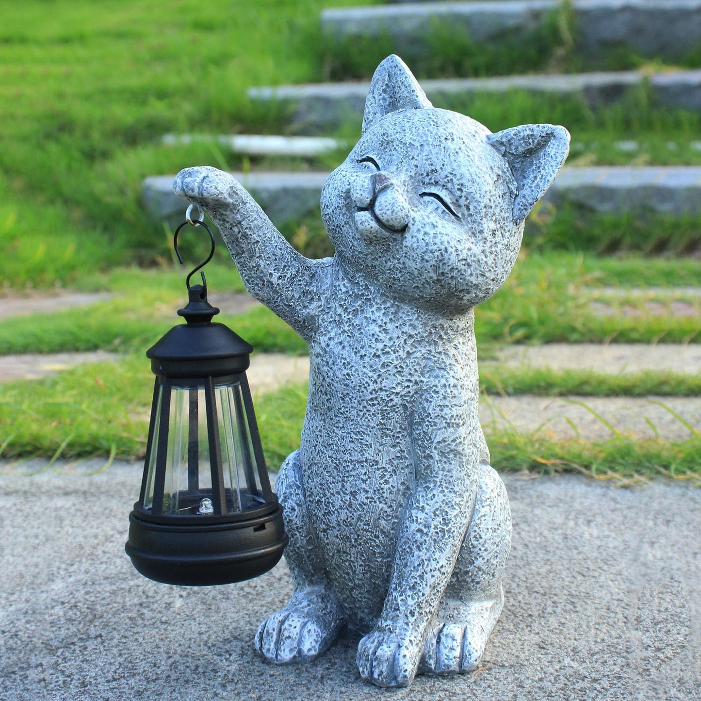 Solar Frog Garden Statue, Resin Figurine with Ladybug & Hanging Solar Lantern Outdoor Decor