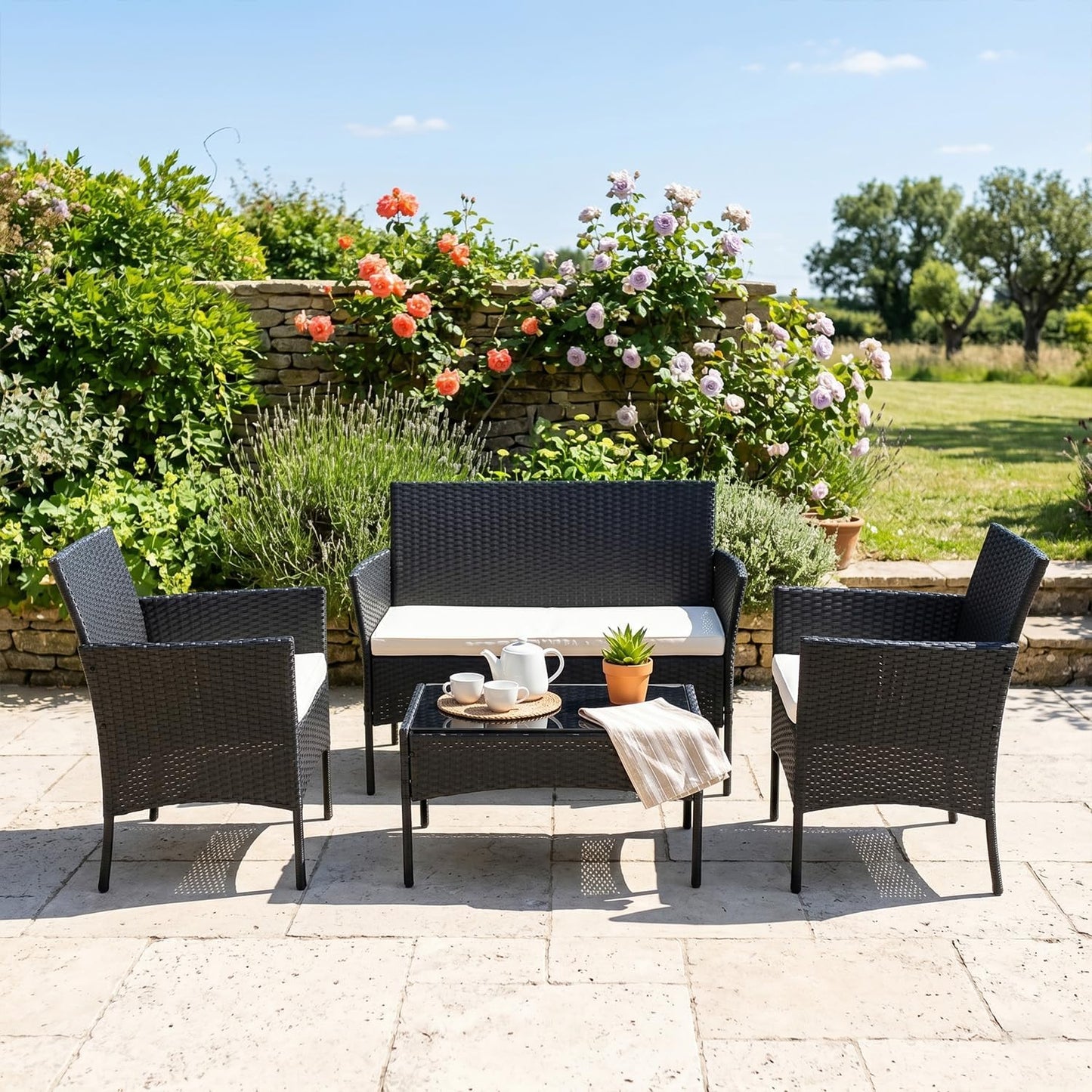 FDW 4-Piece Patio Furniture Set | Black | Outdoor Wicker Furniture | with Coffee Table | Modern Rattan Chairs Conversation Set | Outdoor Seating | Weather-Resistant | for Porch, Garden, Lawn