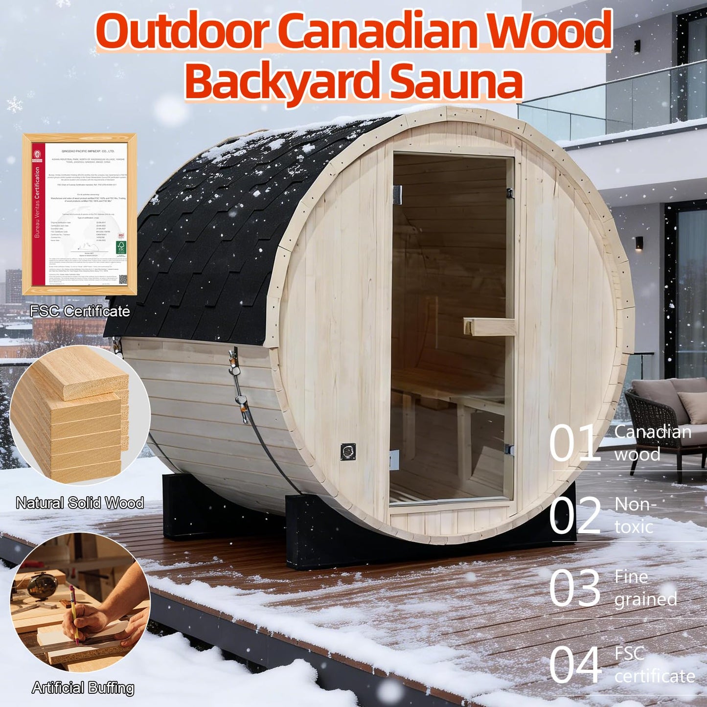 Outdoor Barrel Steam Sauna, 6-8 Person Canadian Hemlock Traditional Wooden Steam Saunas with 220V/6KW Toule Electric Stove, Tempered Glass Sauna Kits for Backyard & Garden (0-195℉)