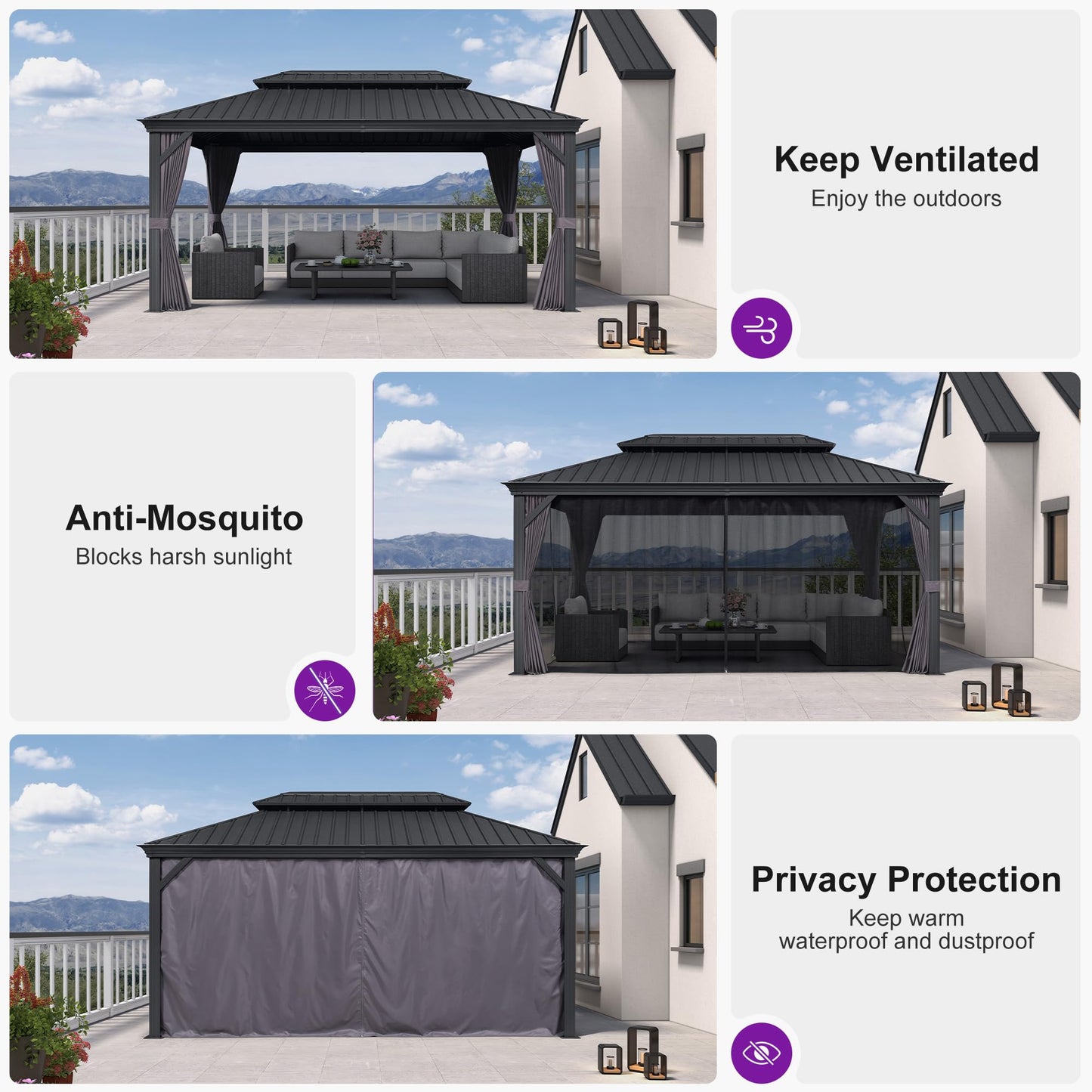 PURPLE LEAF Large Gazebo 12' X 24' with Galvanized Steel, Gray | 4.7" Thick Post, Built in Drainage, Windproof Cool Breeze, Snowproof & Rustproof, 260 GSM Textilene Netting, Fit Any Yard