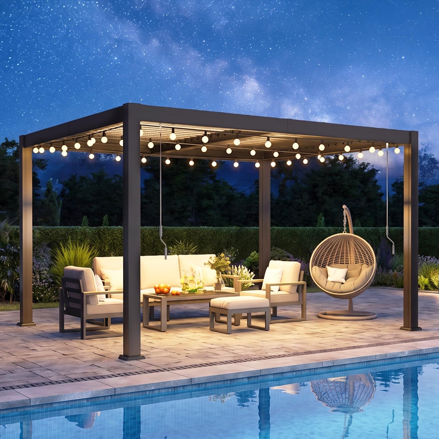 12' x 16' Pergola with Curtain & Adjustable Roof & Aluminum Frame for Patio | Louvered Pergola, Patio Pergola with Netting & Gutter System, Outdoor Pergola, Hardtop Gazebo for Deck, Yard, Dark Gray