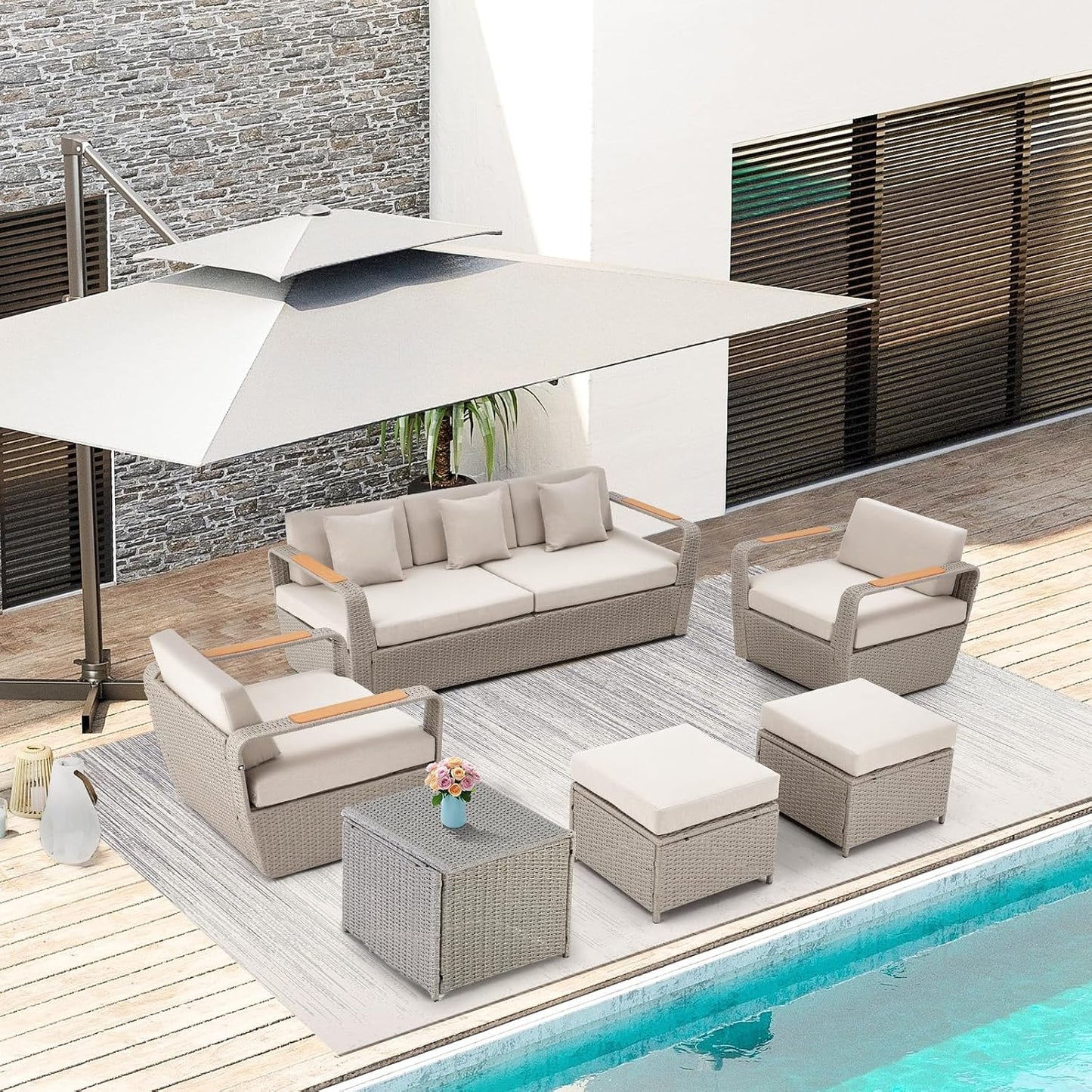 Patio Furniture Set, Oversized 7-Seat Outdoor Sectional with Ottoman and Coffee Table, Wicker Rattan Patio Sofa Set with 5" Thick Removable Cushions for Garden, Porch, Backyard, Light Gray