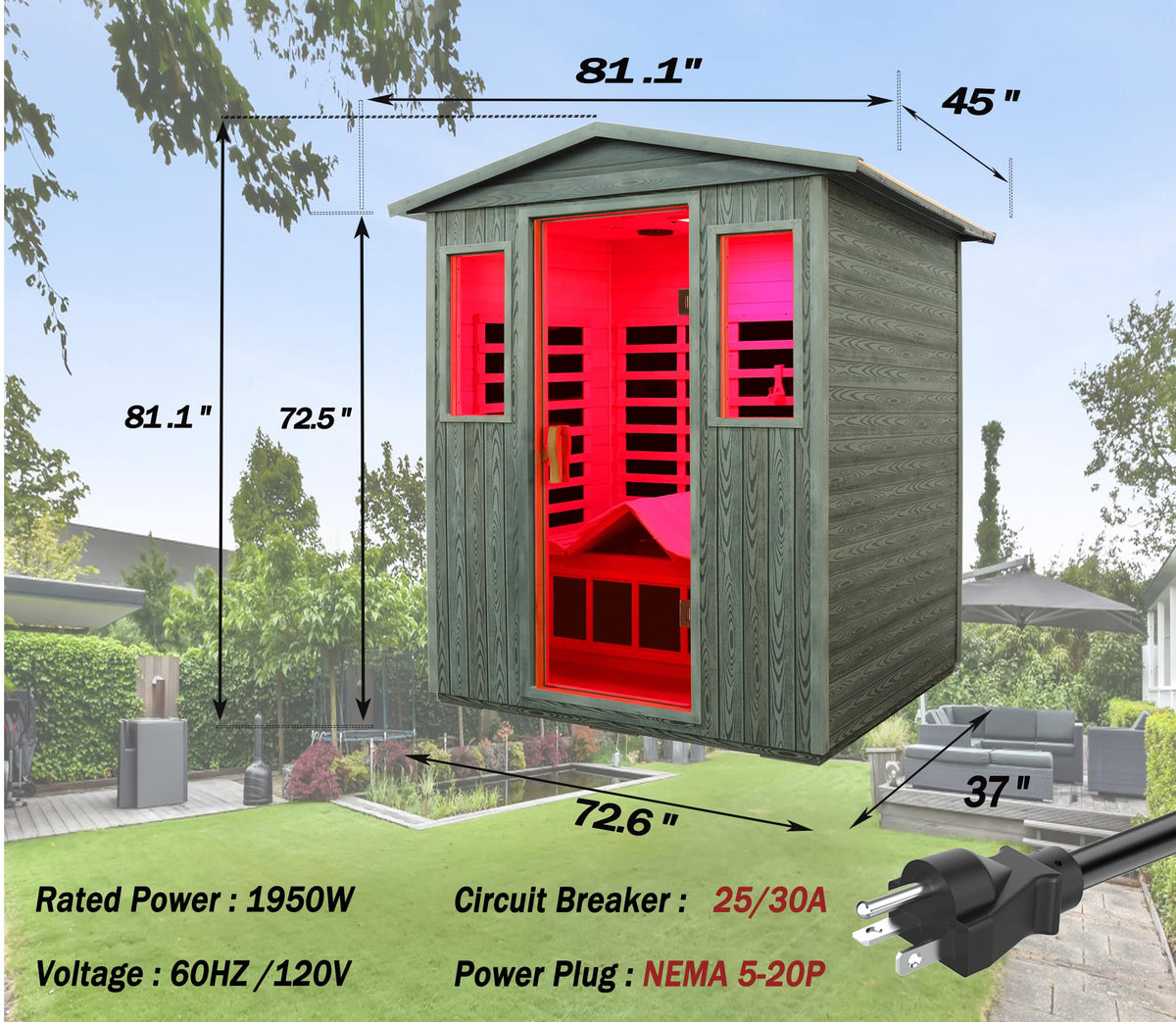 LTCCDSS Ultra-Low EMF Outdoor Infrared Sauna 2 Person, Composite Wood Far Infrared Sauna for Home, EMF 0.1-1mG, Bluetooth & Chromotherapy
