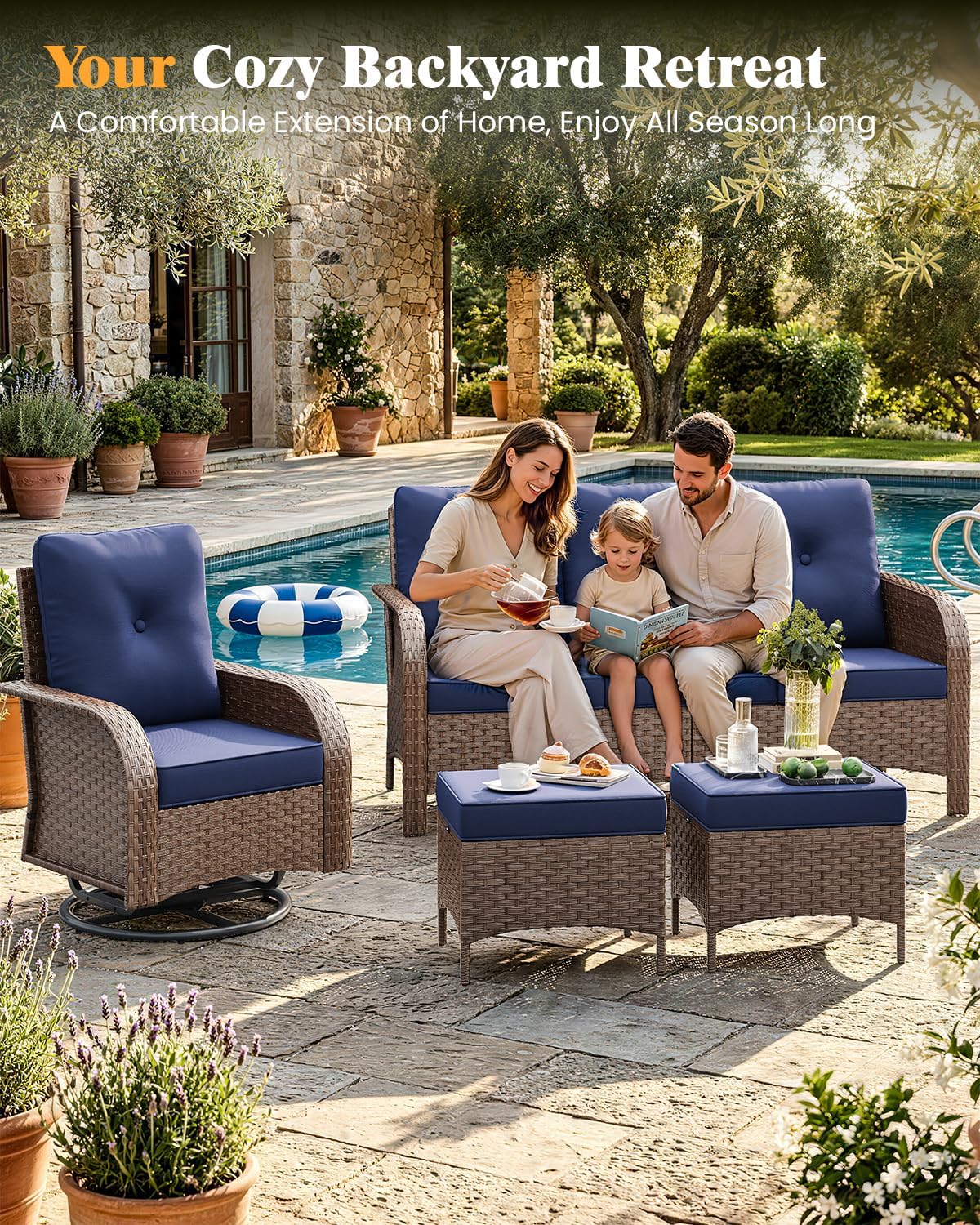 6 Pieces Outdoor Patio Furniture Set, Wicker Swivel Rocker Chairs Sets | Luxury Weather-Resistant High Back Outdoor Sectional Set for Large Deck Yard Poolside Brown Rattan Blue Cushions