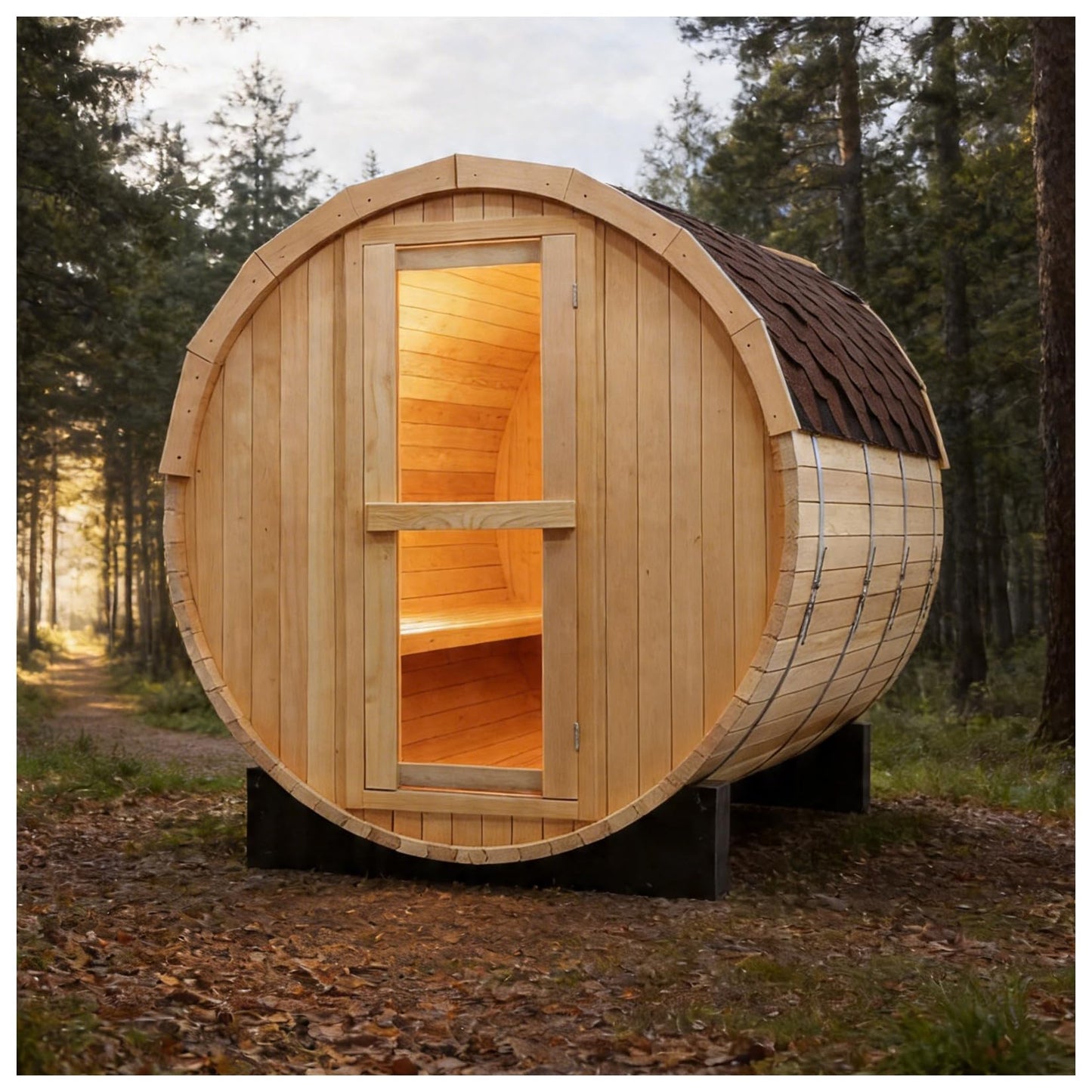 Outdoor Barrel Steam Sauna, 6-8 Person Canadian Hemlock Traditional Wooden Steam Saunas with 220V/6KW Toule Electric Stove, Tempered Glass Sauna Kits for Backyard & Garden (0-195℉)