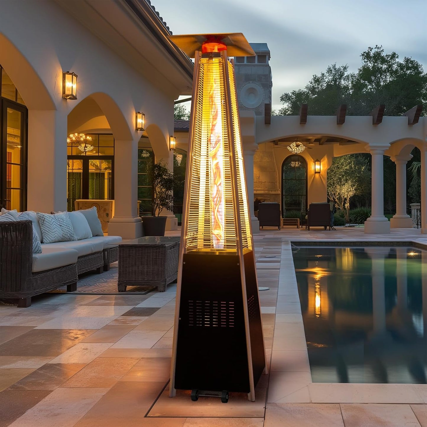 48,000 BTU Flame Pyramid Pool Heater With Cover, Triple Safety Protection Portable Patio Heater with Patio Cover, Warm Glass Tube with Durable Wheels-Black