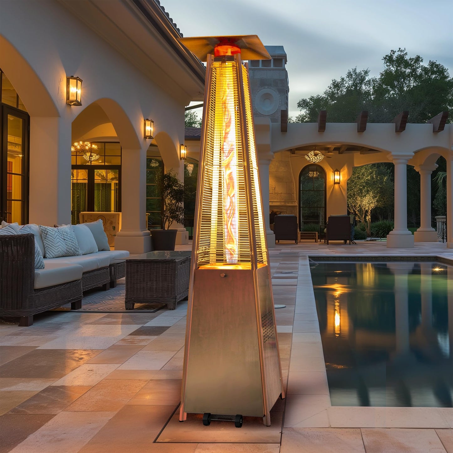 48,000 BTU Flame Pyramid Pool Heater With Cover, Triple Safety Protection Portable Patio Heater with Patio Cover, Warm Glass Tube with Durable Wheels-Black