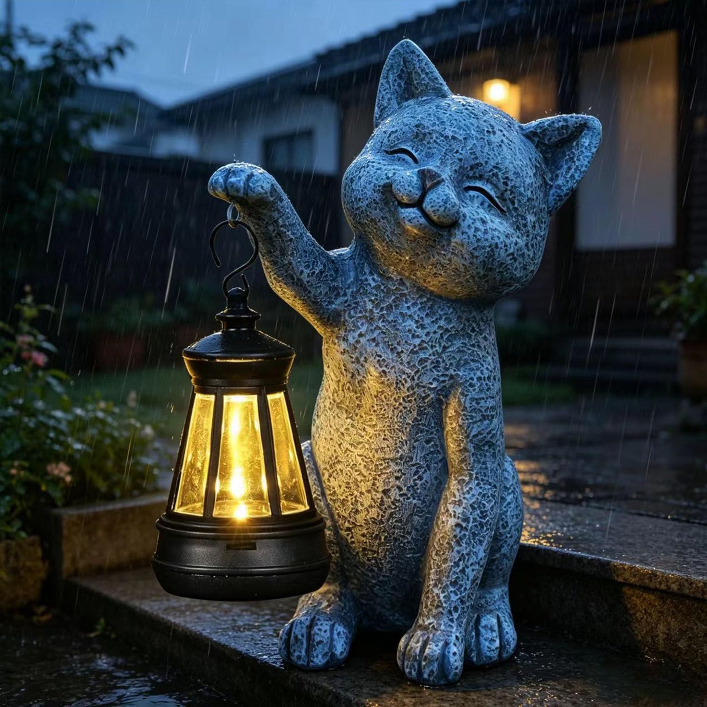 Solar Frog Garden Statue, Resin Figurine with Ladybug & Hanging Solar Lantern Outdoor Decor