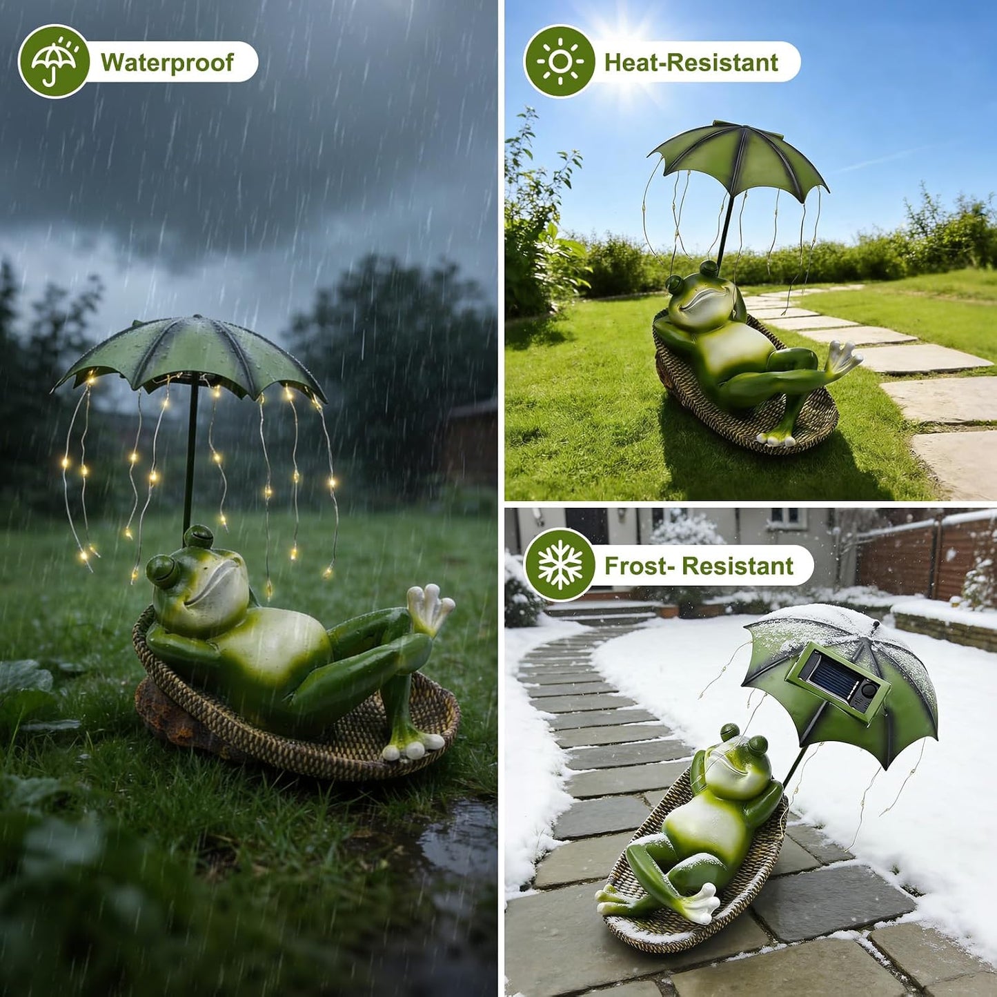 Solar Frog with Umbrella Statue - LED Solar Powered Garden Decor, Auto On/Off Waterproof Resin Outdoor Sculpture for Patio, Yard, Pond, Unique Gardening Gifts for Women & Mom