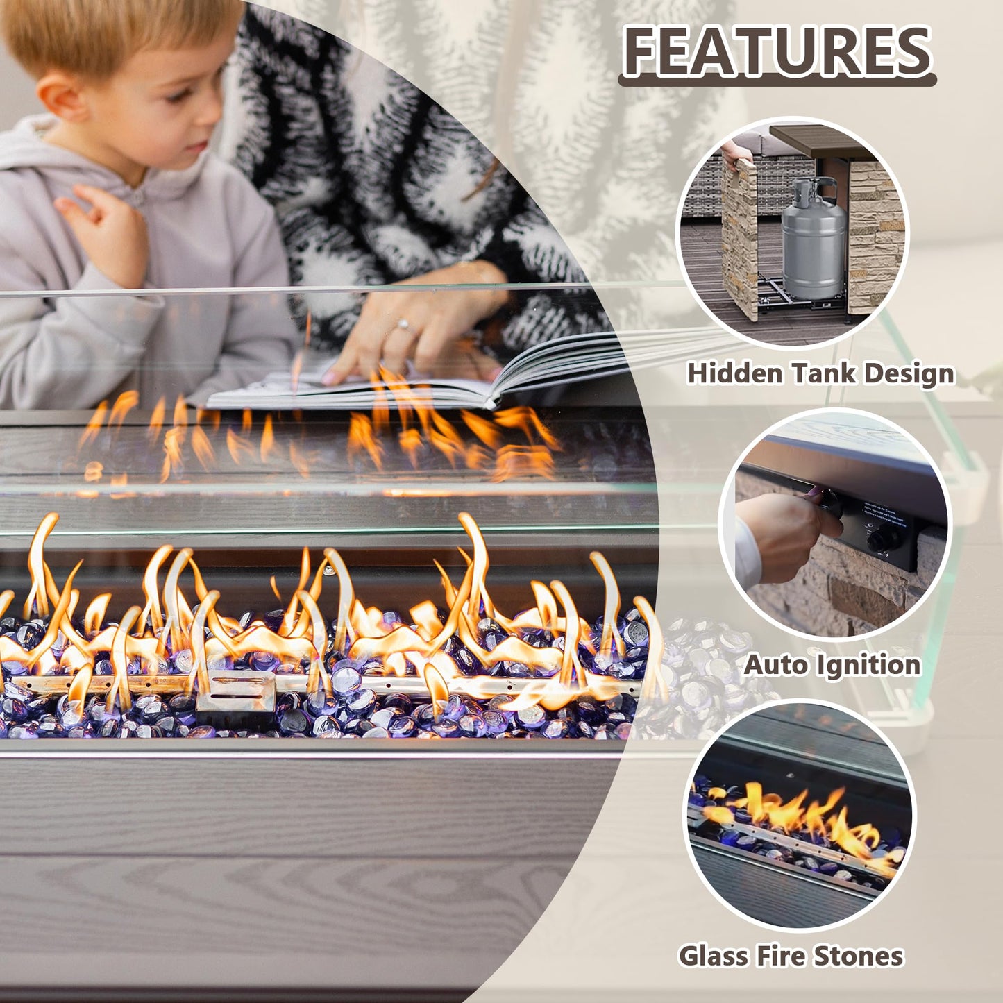 43 Inch Outdoor Firepit Table 50,000 BTU Propane Gas Fire Pit | Rectangle Stone Fire Table with Glass Wind Guard, Rain Cover, Fire Stones and Removable Lid, CSA Certified (Brown)