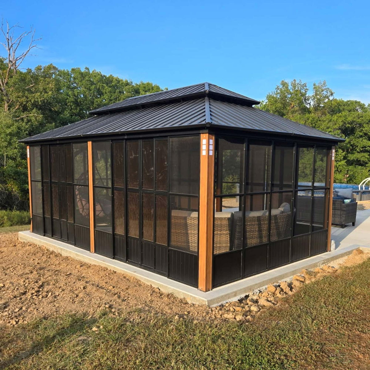 PURPLE LEAF Sunroom 12' x 14' Solarium Double Roof Gazebo, Sliding Doors