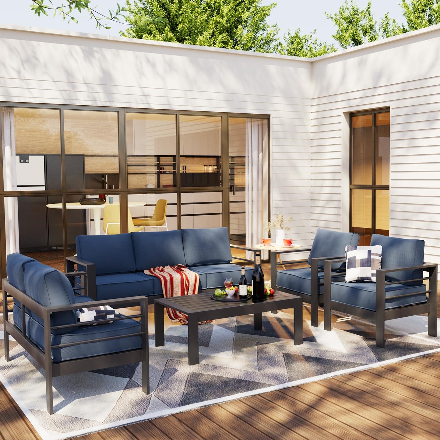 Amopatio Aluminum Patio Furniture Set, 6 Pieces Modern Outdoor Furniture | Outdoor Sectional with Coffee Table, Included Waterproof Covers, for Balcony, Garden, White&Blue