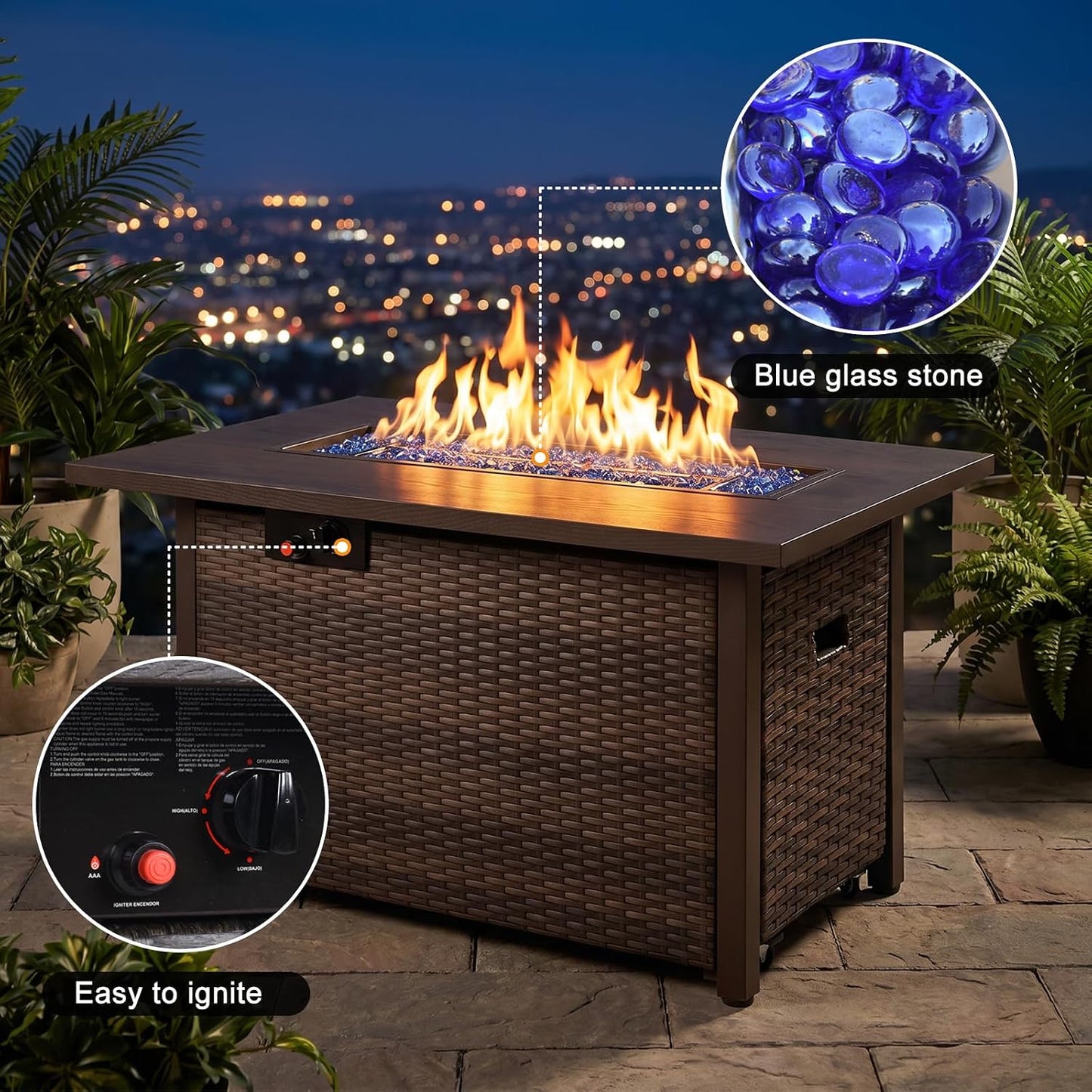 Fire Pit Table, 50,000 BTU Propane Fire Pit Tables for Outside Patio, Brown | 42 Inch Rectangular Fire Pit Table, 2-IN-1 Fire Table with Removable Lid and Blue Glass Stones, CSA Certification