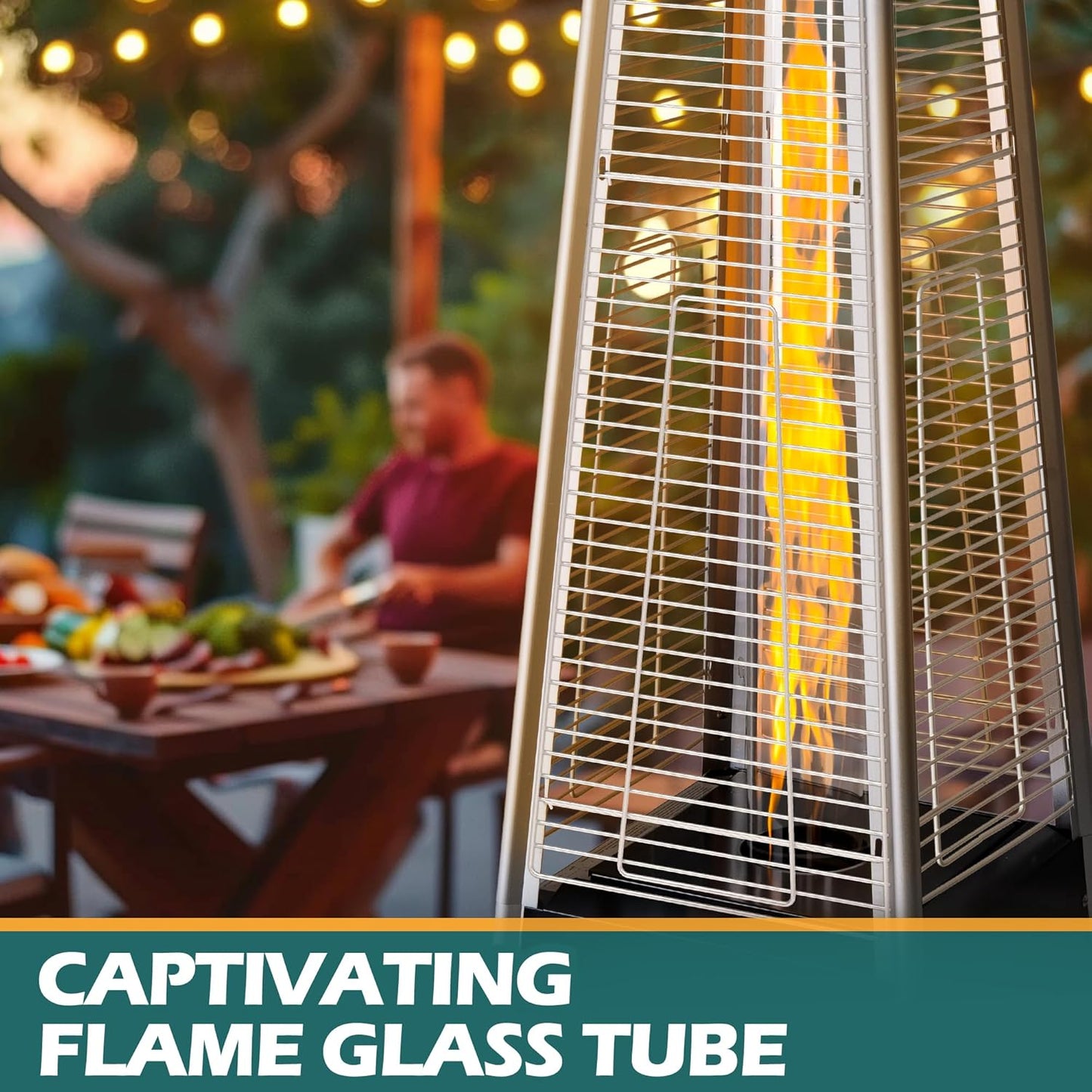 48,000 BTU Flame Pyramid Pool Heater With Cover, Triple Safety Protection Portable Patio Heater with Patio Cover, Warm Glass Tube with Durable Wheels-Black