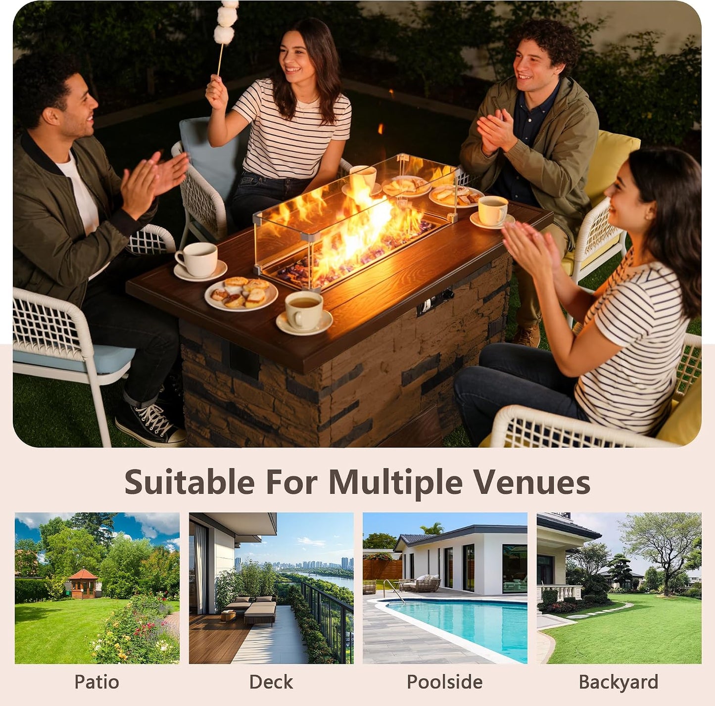 43 Inch Outdoor Firepit Table 50,000 BTU Propane Gas Fire Pit | Rectangle Stone Fire Table with Glass Wind Guard, Rain Cover, Fire Stones and Removable Lid, CSA Certified (Brown)