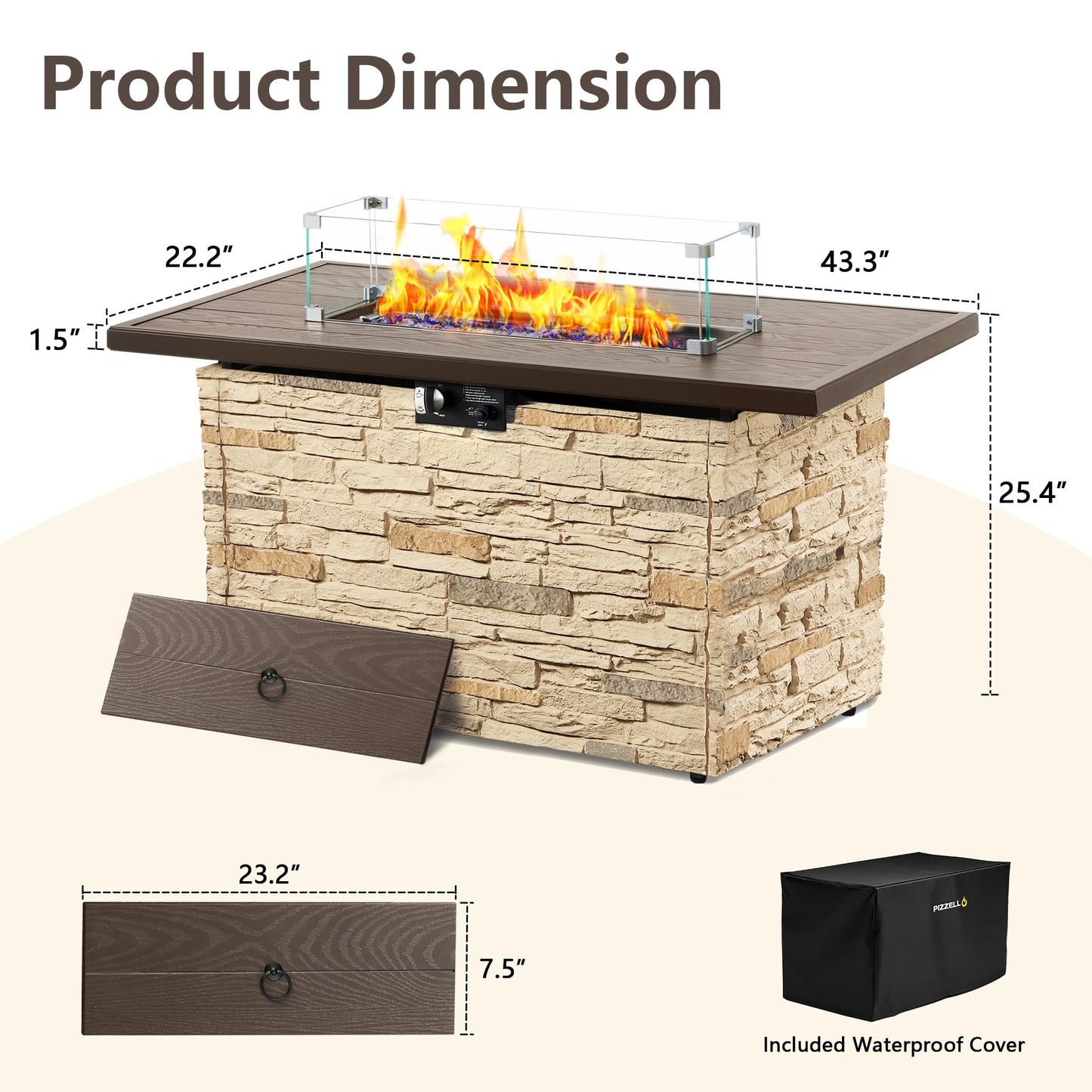 43 Inch Outdoor Firepit Table 50,000 BTU Propane Gas Fire Pit | Rectangle Stone Fire Table with Glass Wind Guard, Rain Cover, Fire Stones and Removable Lid, CSA Certified (Brown)