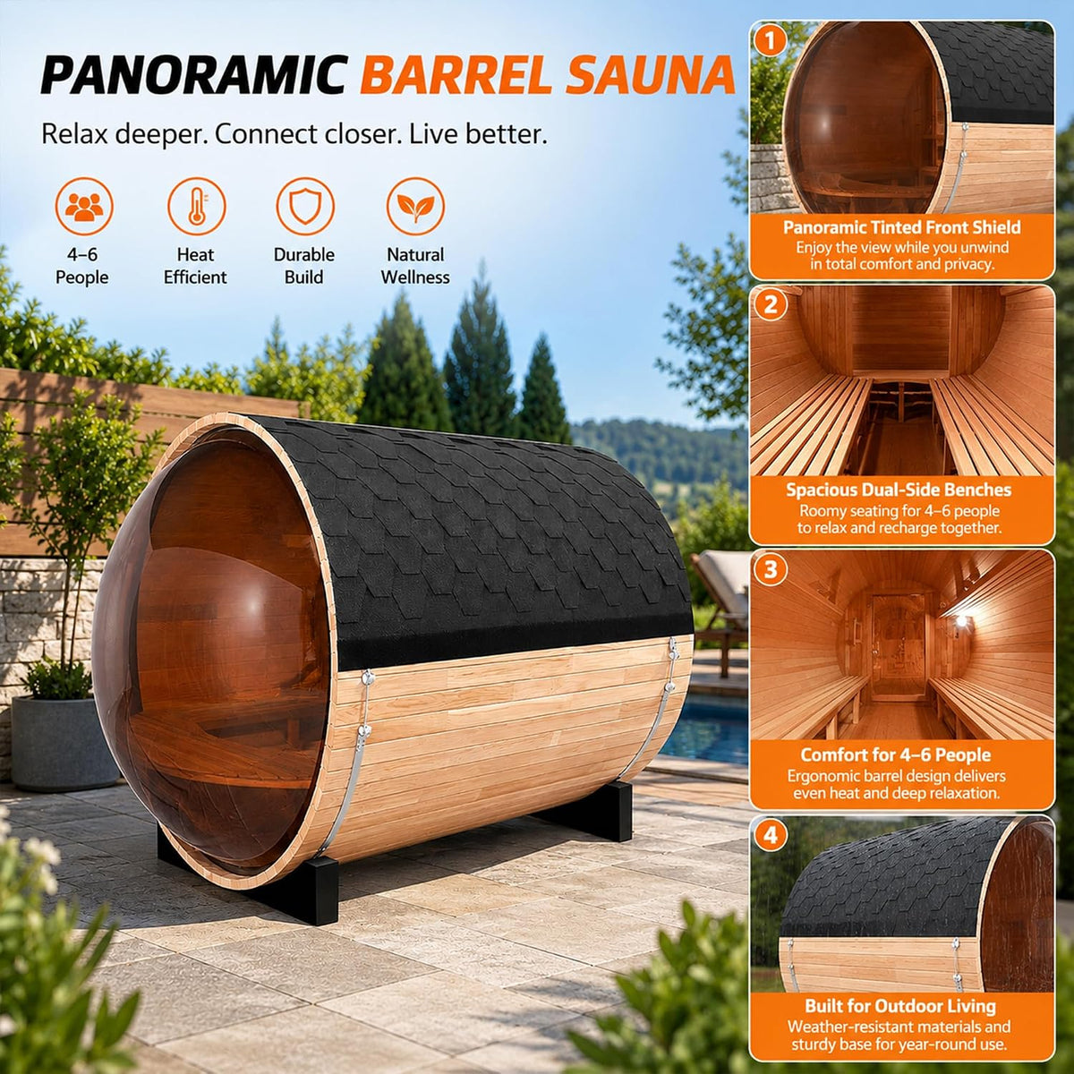Panoramic Outdoor Sauna,Canadian Cedar 4-6 Person Steam Saunas