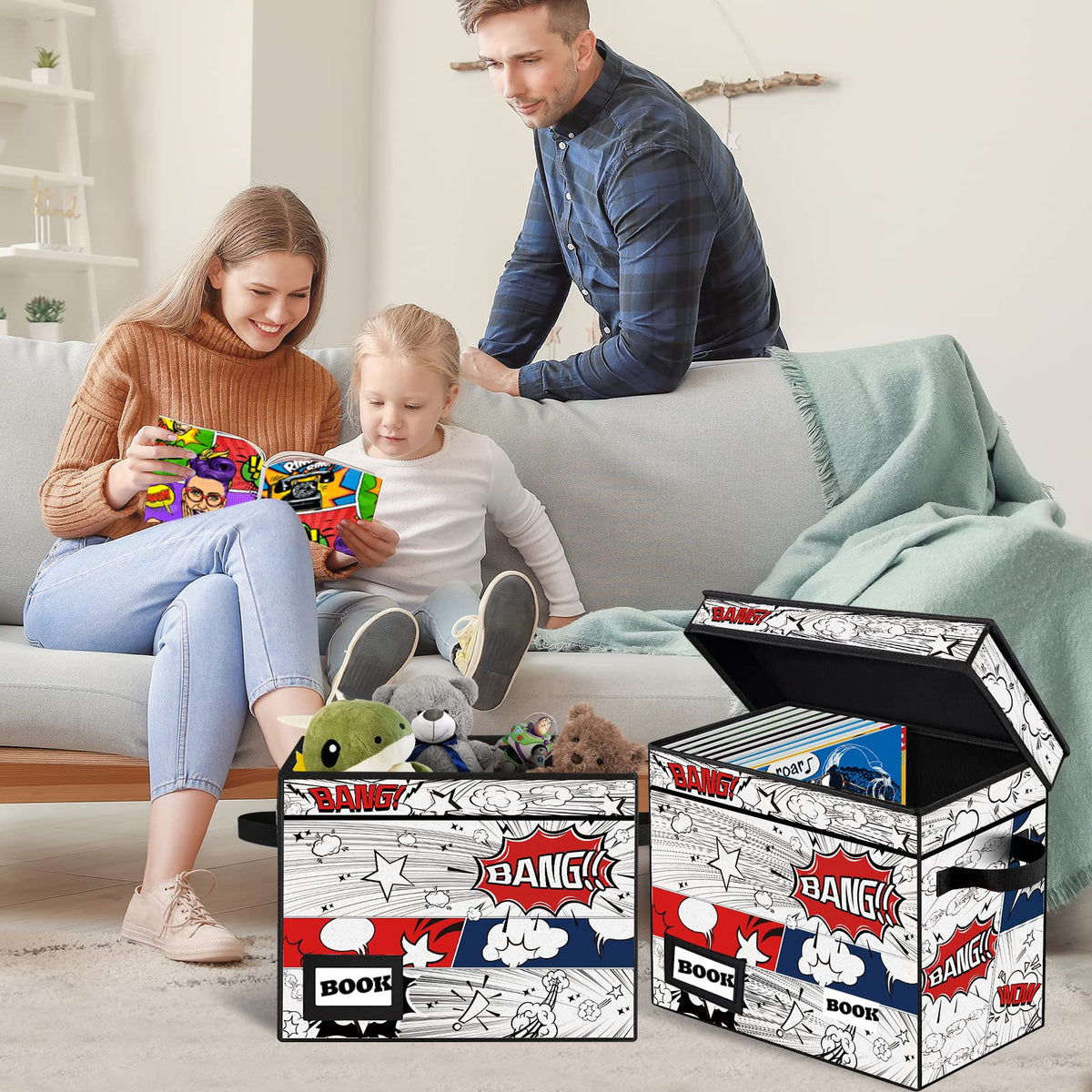 Comic Book Storage Box, 15.8" X 7.8" X 11.8", Heavy Duty Collapsible Holds 160-180 Comic Book Bin Container Holder Shelf (Cartoon Bombs)