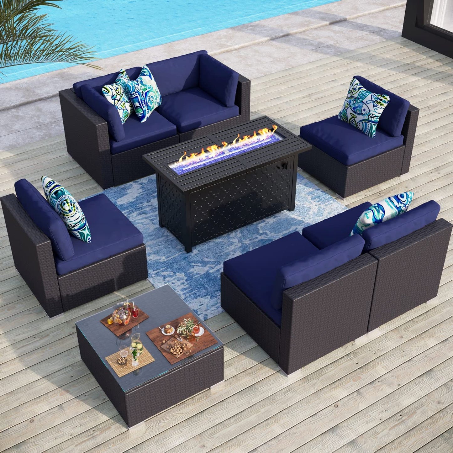 Sophia & William 56 Inch Gas Fire Pit Table,Rectangular Propane Fireplace | Outdoor Rattan Propane Fire Table with Fire Glass, Lid, 50,000 BTU Firepits for Outside Patio