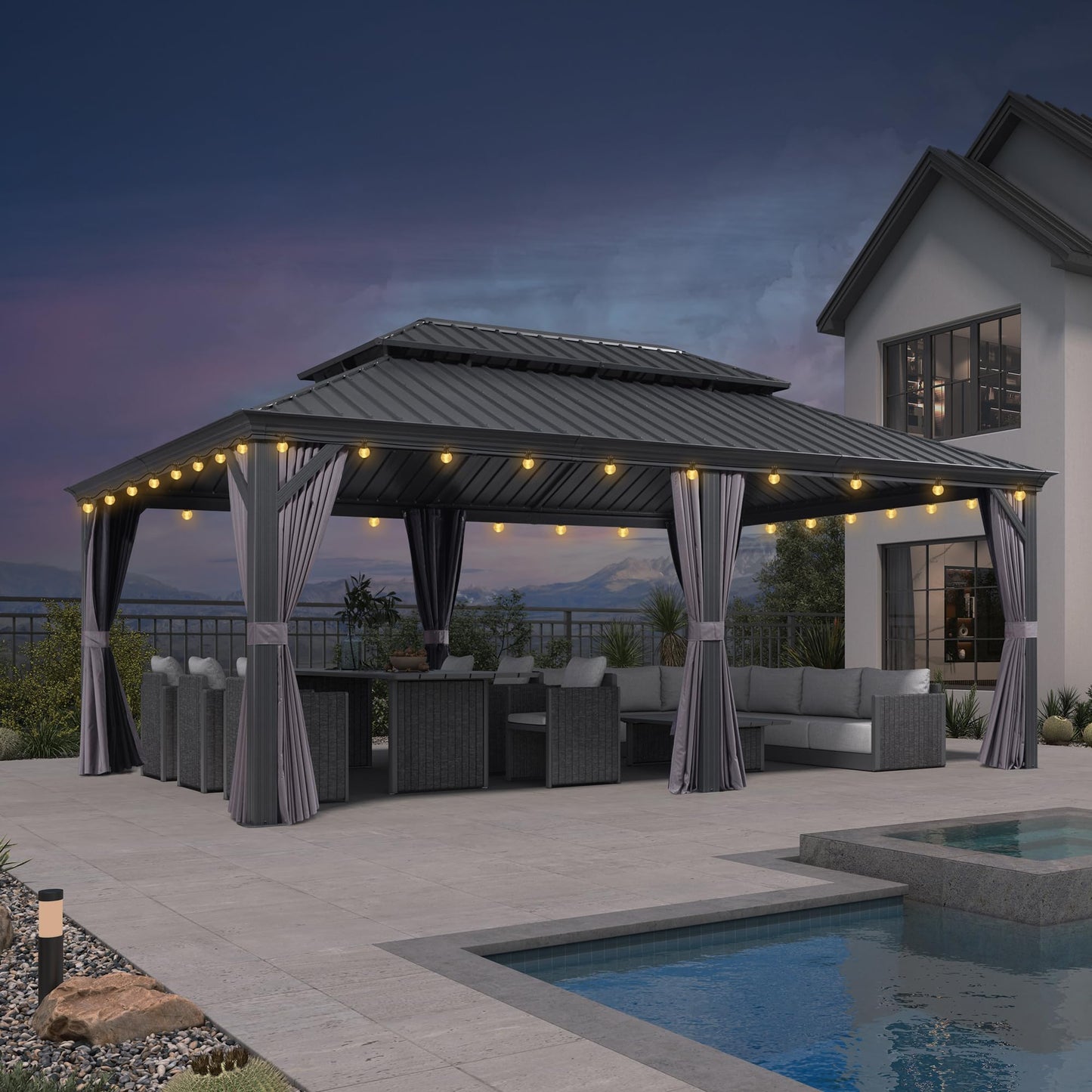 PURPLE LEAF Large Gazebo 12' X 24' with Galvanized Steel, Gray | 4.7" Thick Post, Built in Drainage, Windproof Cool Breeze, Snowproof & Rustproof, 260 GSM Textilene Netting, Fit Any Yard