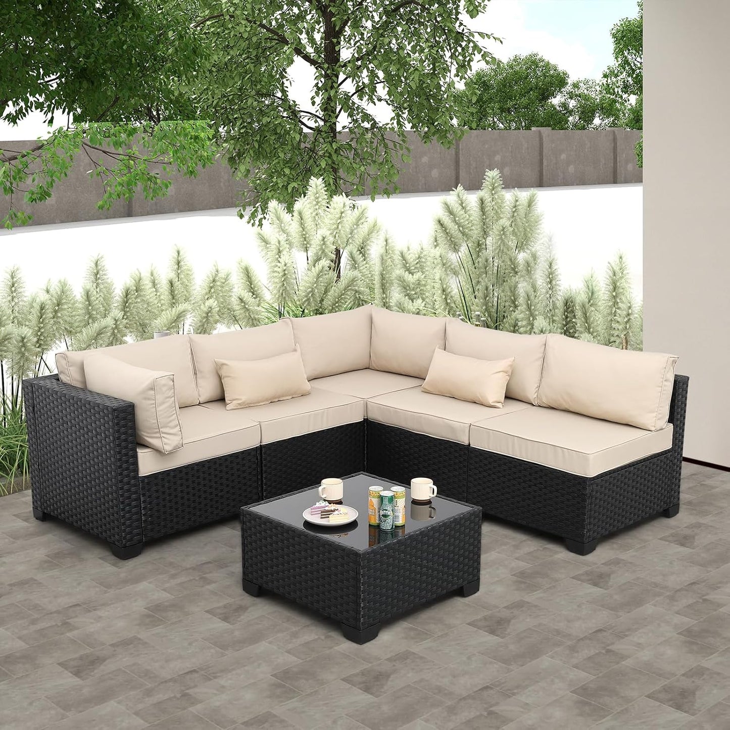 Rattaner Patio Sectional 6 Pieces All-Weather Wicker Patio Furniture Set Outdoor Sectional with Glass Table Non-Slip Cushions and Waterproof Cover, Khaki