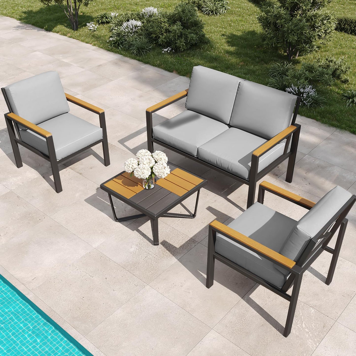 5-Piece Patio Furniture Set with 28” Propane Fire Pit Table, Heavy-Duty Metal Outdoor Conversation Set with Deep Cushions & Wood-Like Armrests for Patio, Porch, Backyard, Garden – Grey