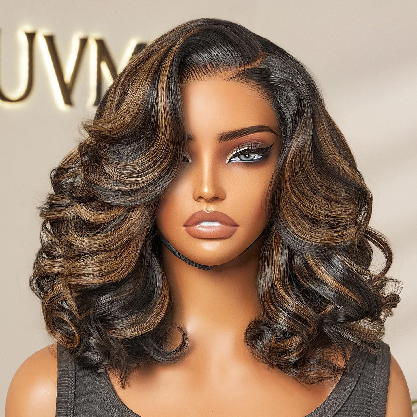 LUVME HAIR 12" Curly Bob Glueless with Blonde Highlights Wigs Human Hair | Without Spray Wigs Pre Plucked Pre Cut Undetectable HD Lace No-Glue Need Protective Wig Short Ready to Go Wig 180 Density