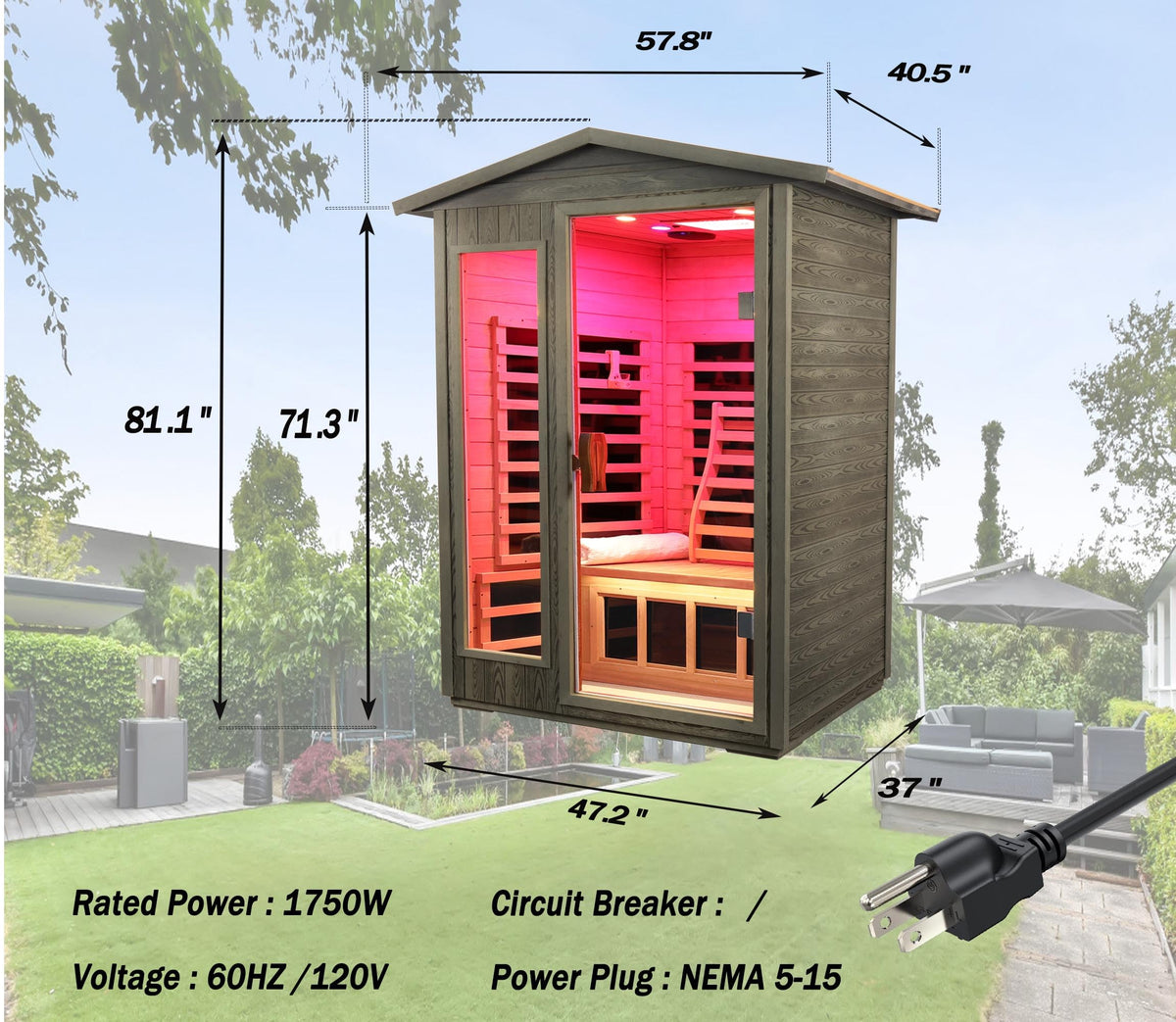 LTCCDSS Ultra-Low EMF Outdoor Infrared Sauna 2 Person, Composite Wood Far Infrared Sauna for Home, EMF 0.1-1mG, Bluetooth & Chromotherapy