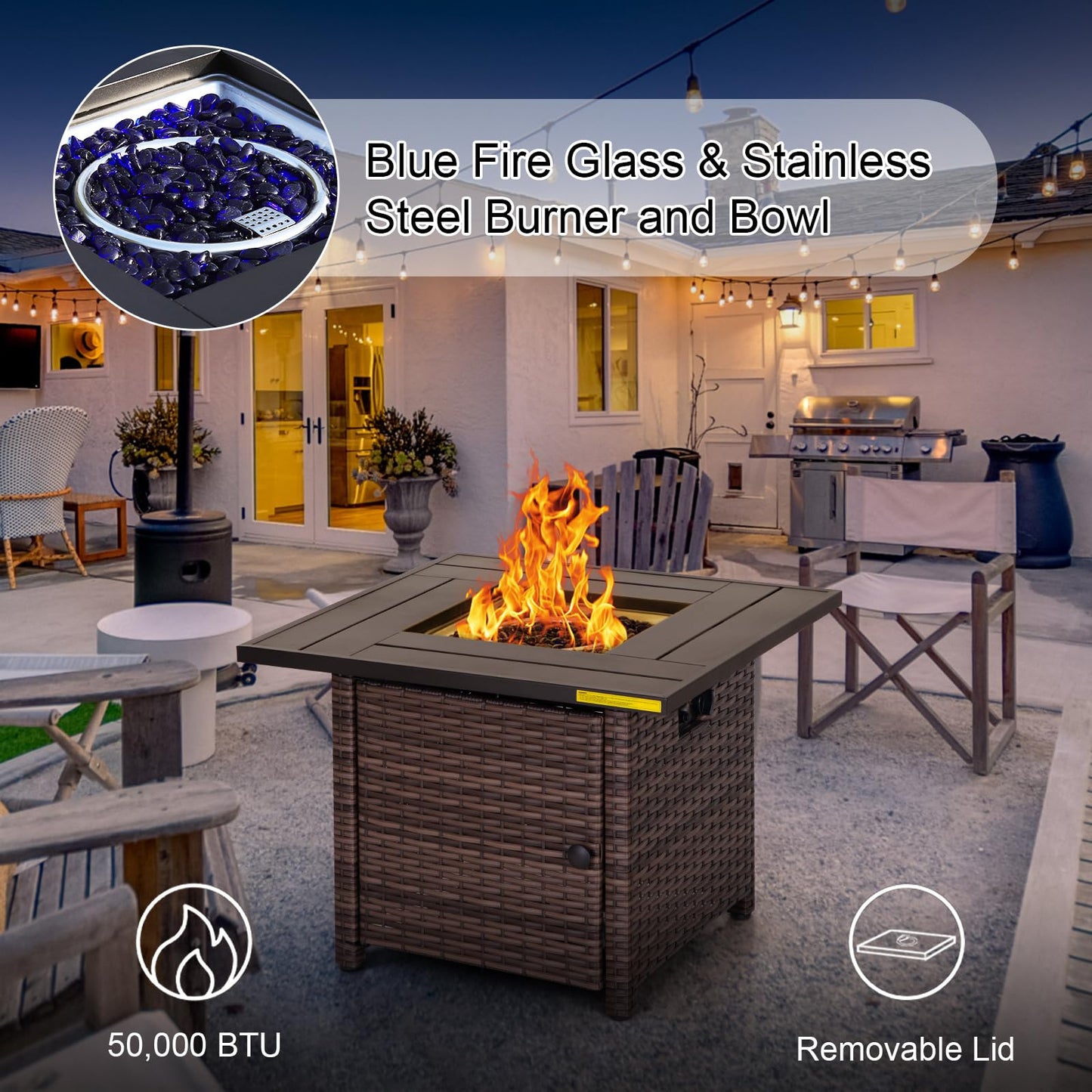Sophia & William 56 Inch Gas Fire Pit Table,Rectangular Propane Fireplace | Outdoor Rattan Propane Fire Table with Fire Glass, Lid, 50,000 BTU Firepits for Outside Patio