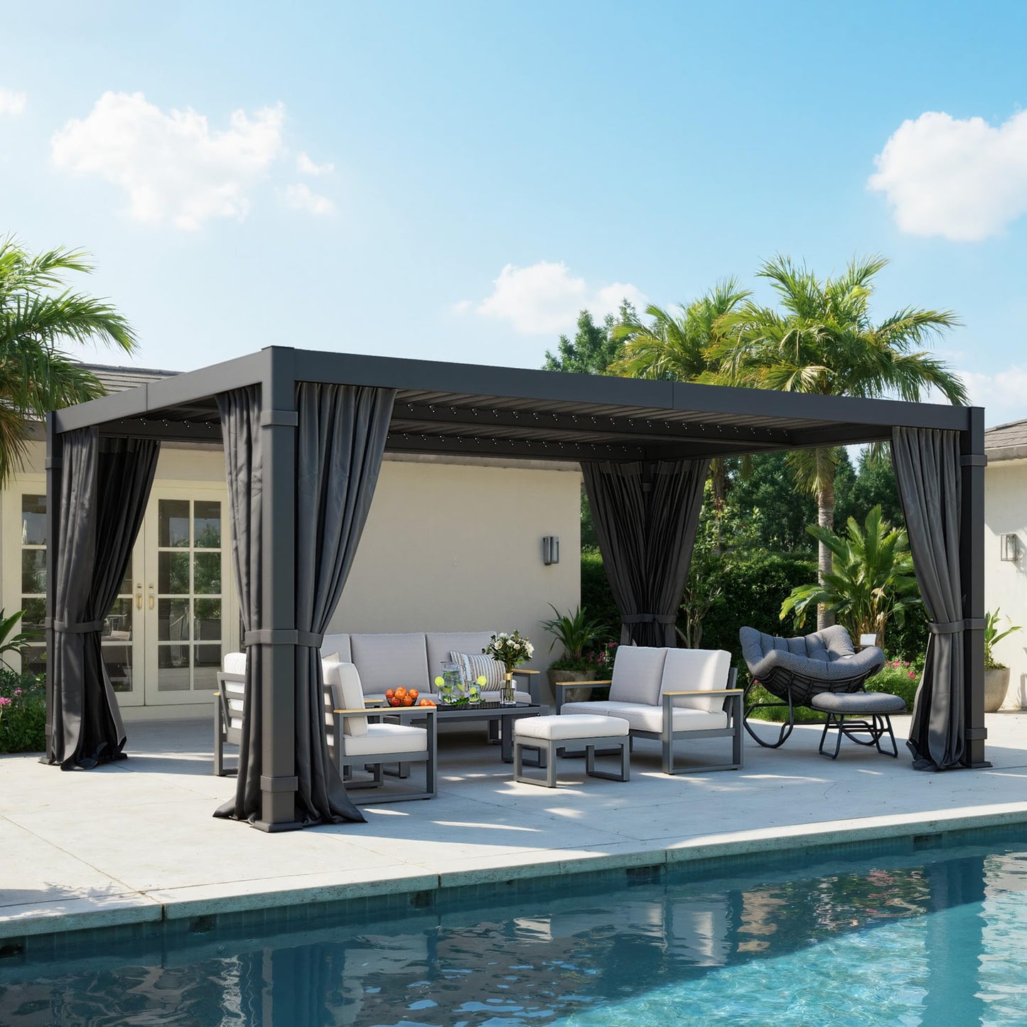 12' x 16' Pergola with Curtain & Adjustable Roof & Aluminum Frame for Patio | Louvered Pergola, Patio Pergola with Netting & Gutter System, Outdoor Pergola, Hardtop Gazebo for Deck, Yard, Dark Gray