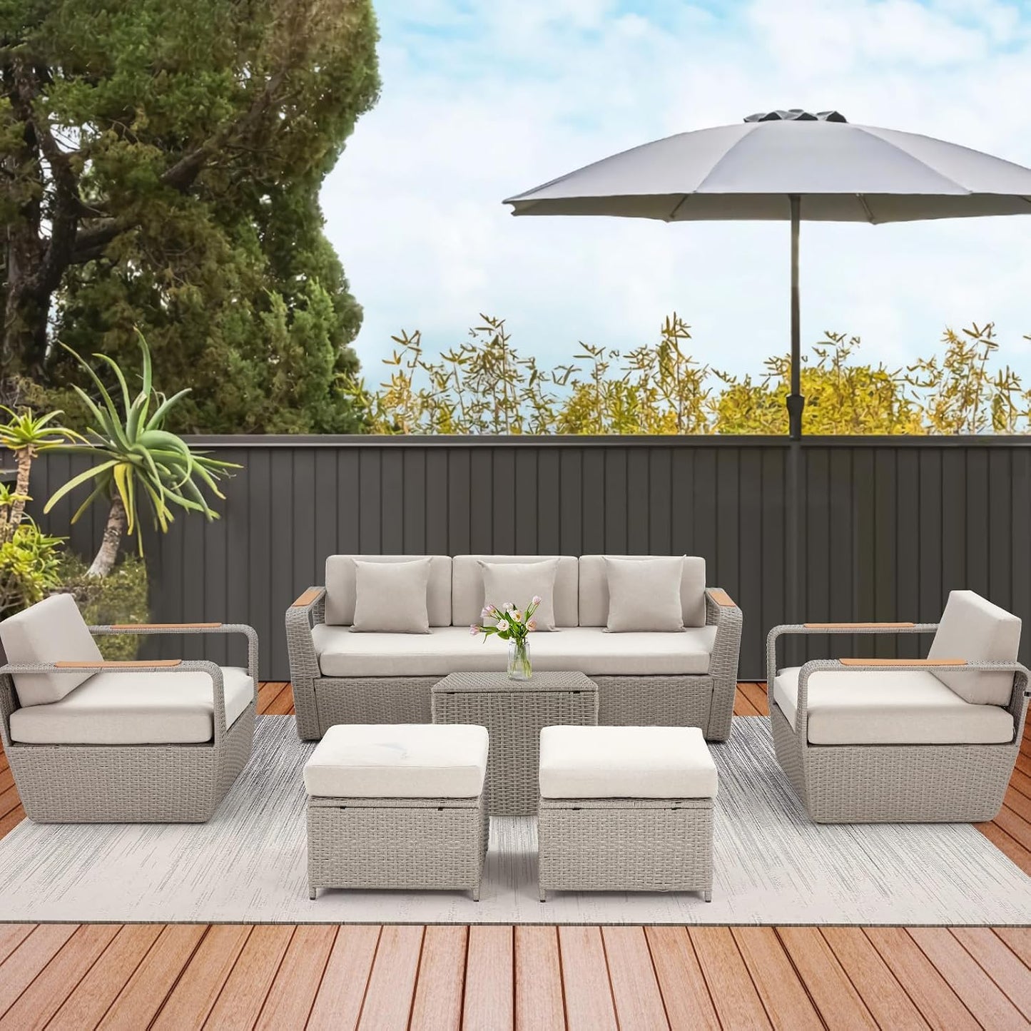 Patio Furniture Set, Oversized 7-Seat Outdoor Sectional with Ottoman and Coffee Table, Wicker Rattan Patio Sofa Set with 5" Thick Removable Cushions for Garden, Porch, Backyard, Light Gray